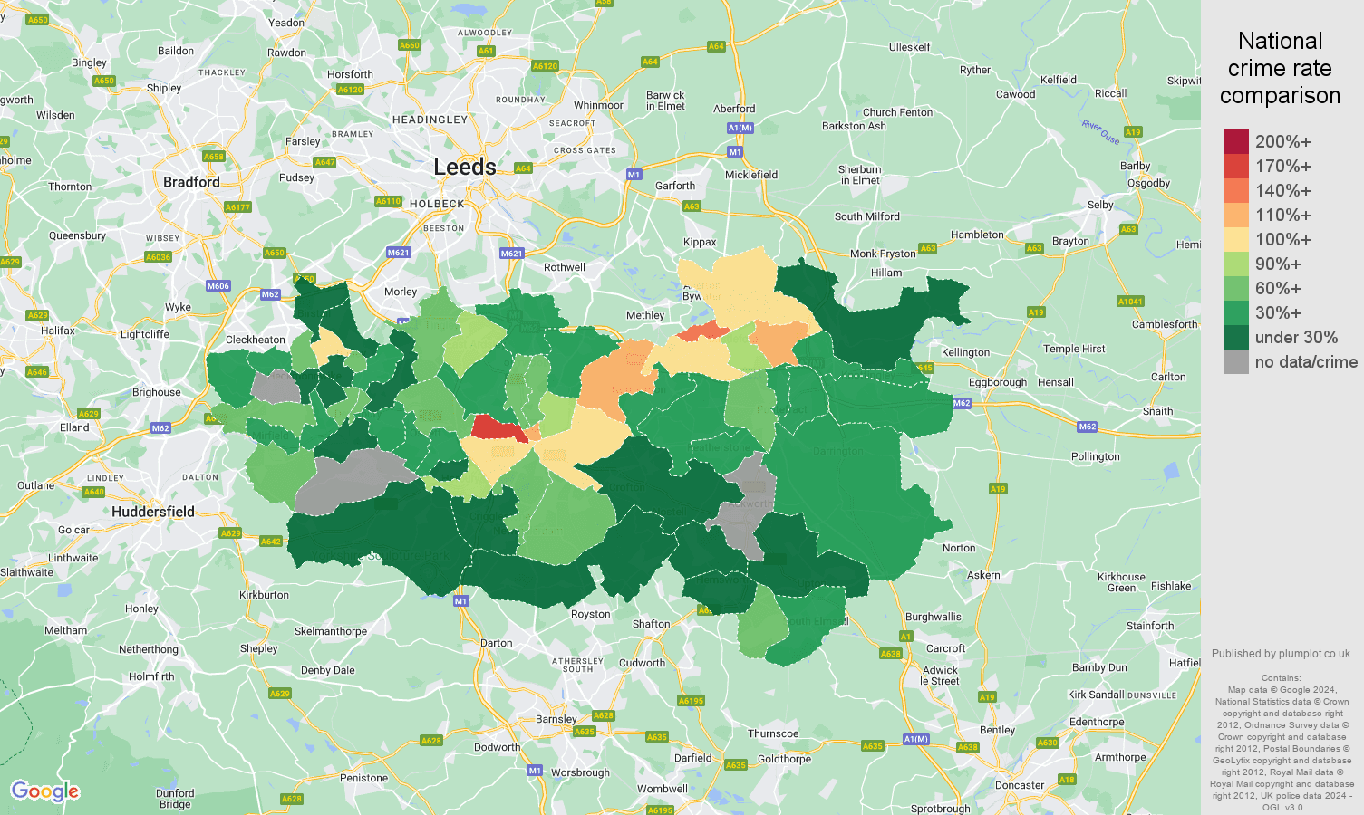 Wakefield bicycle theft crime rate comparison map