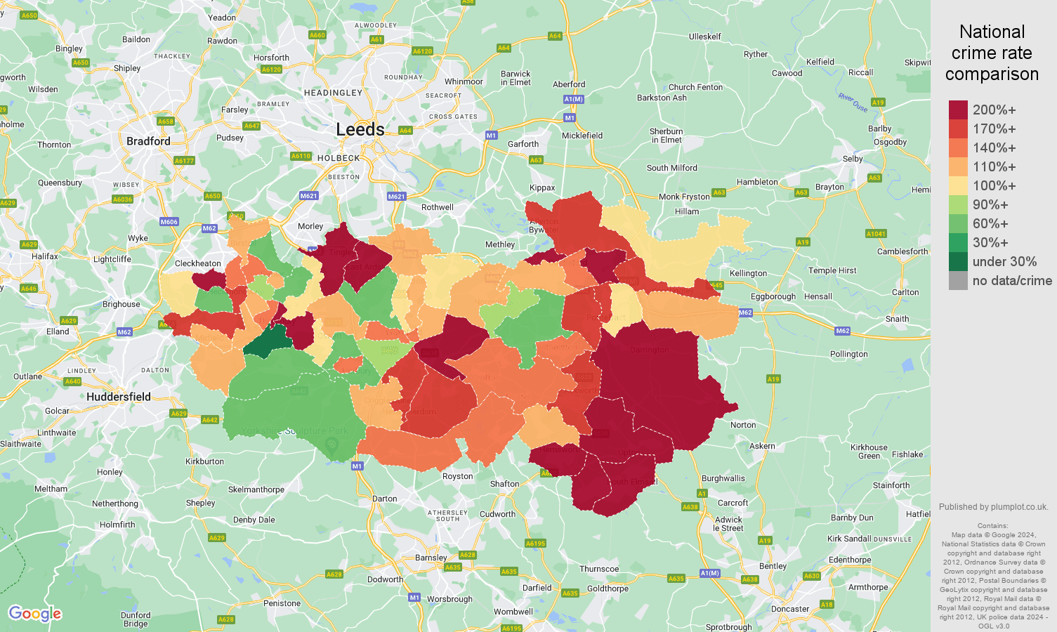 Wakefield burglary crime rate comparison map