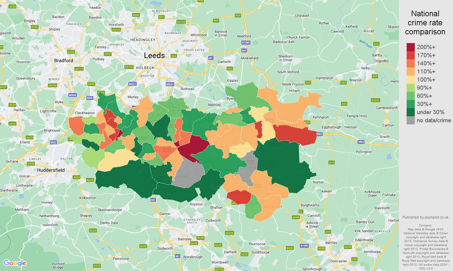 Wakefield possession of weapons crime rate comparison map