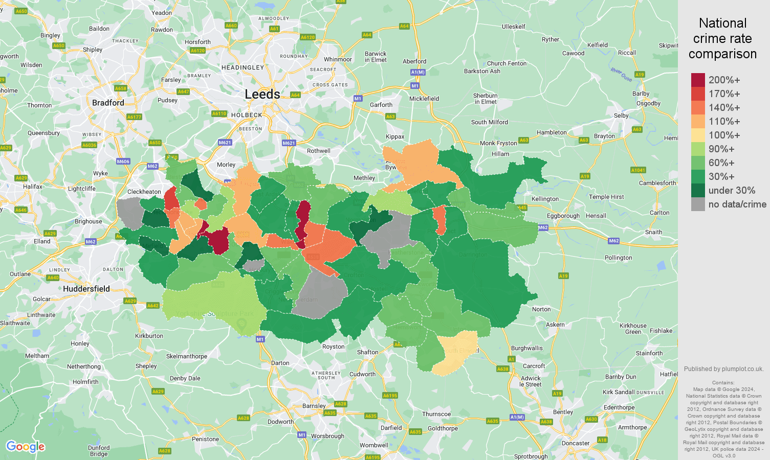 Wakefield robbery crime rate comparison map