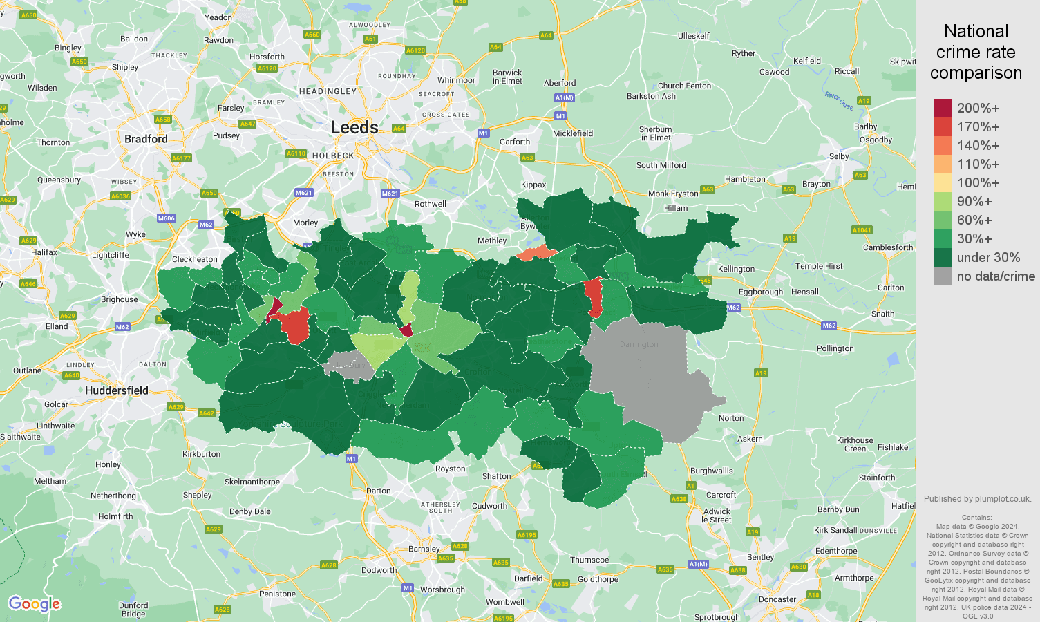 Wakefield theft from the person crime rate comparison map