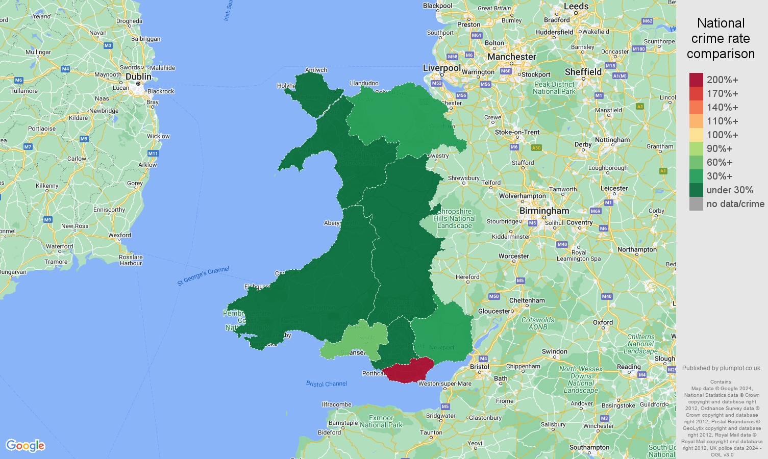 Wales bicycle theft crime rate comparison map