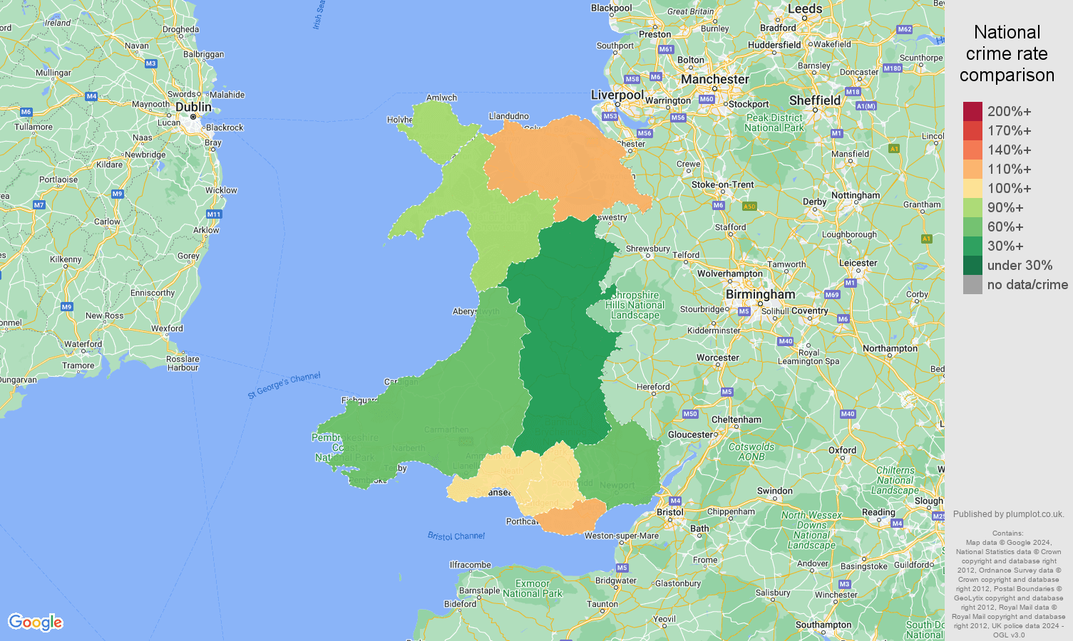 Wales criminal damage and arson crime rate comparison map