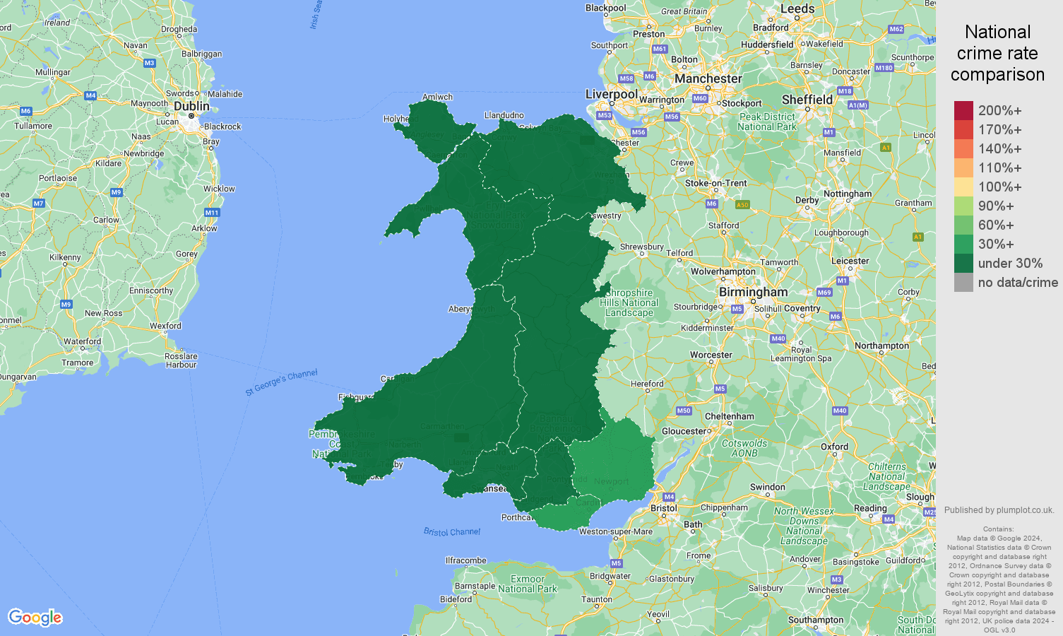 Wales robbery crime rate comparison map