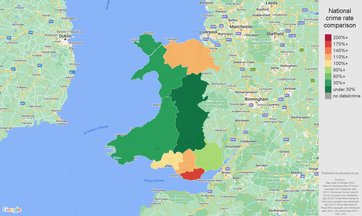 Wales shoplifting crime rate comparison map
