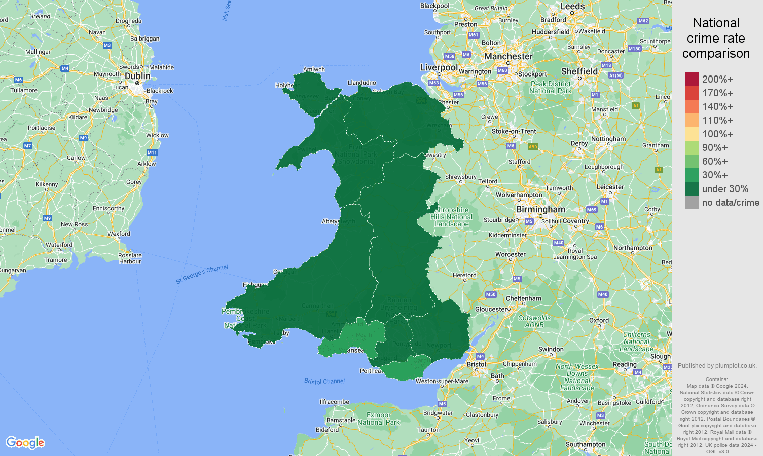 Wales theft from the person crime rate comparison map