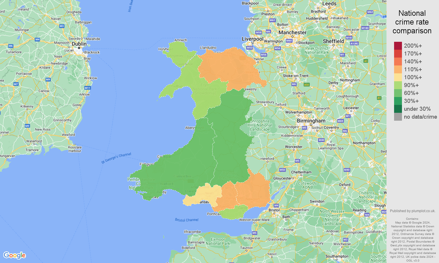 Wales violent crime rate comparison map