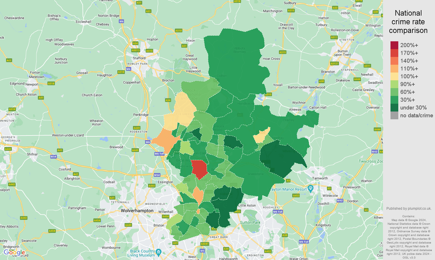 Walsall antisocial behaviour crime rate comparison map