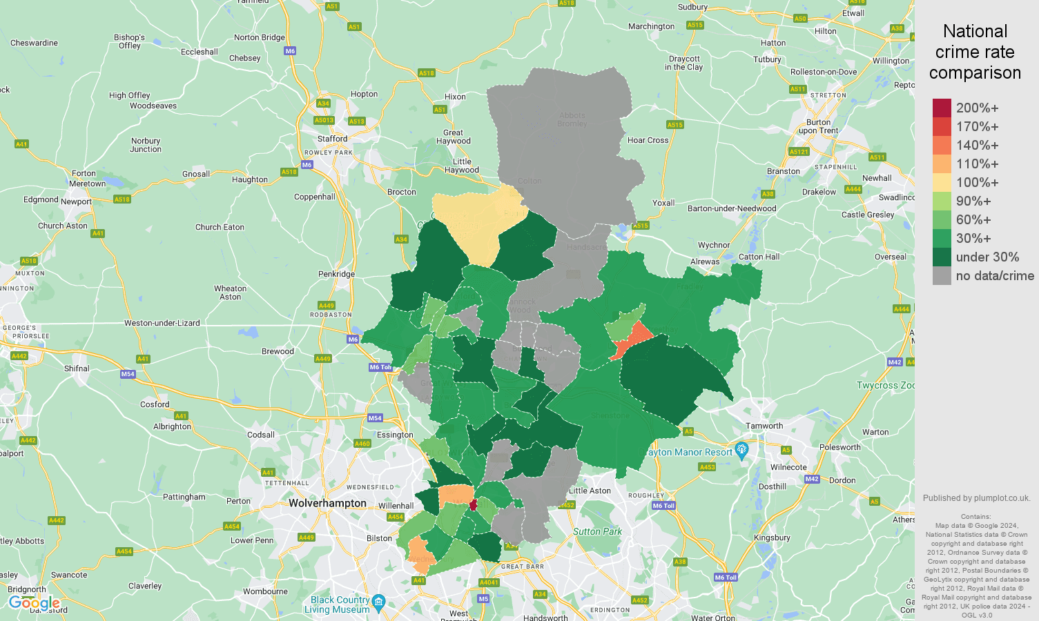 Walsall bicycle theft crime rate comparison map