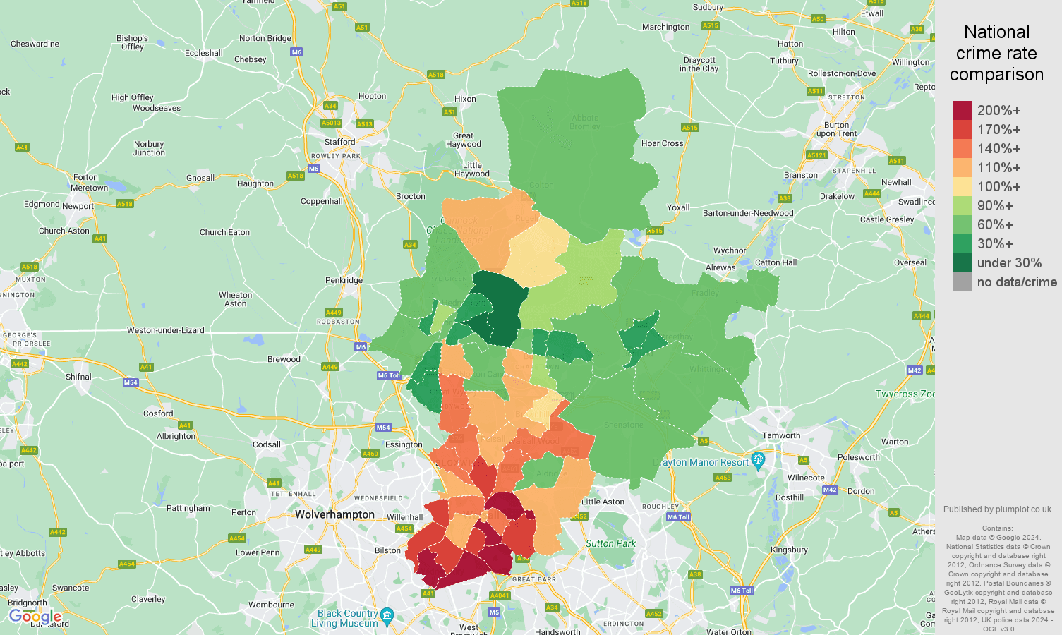 Walsall burglary crime rate comparison map