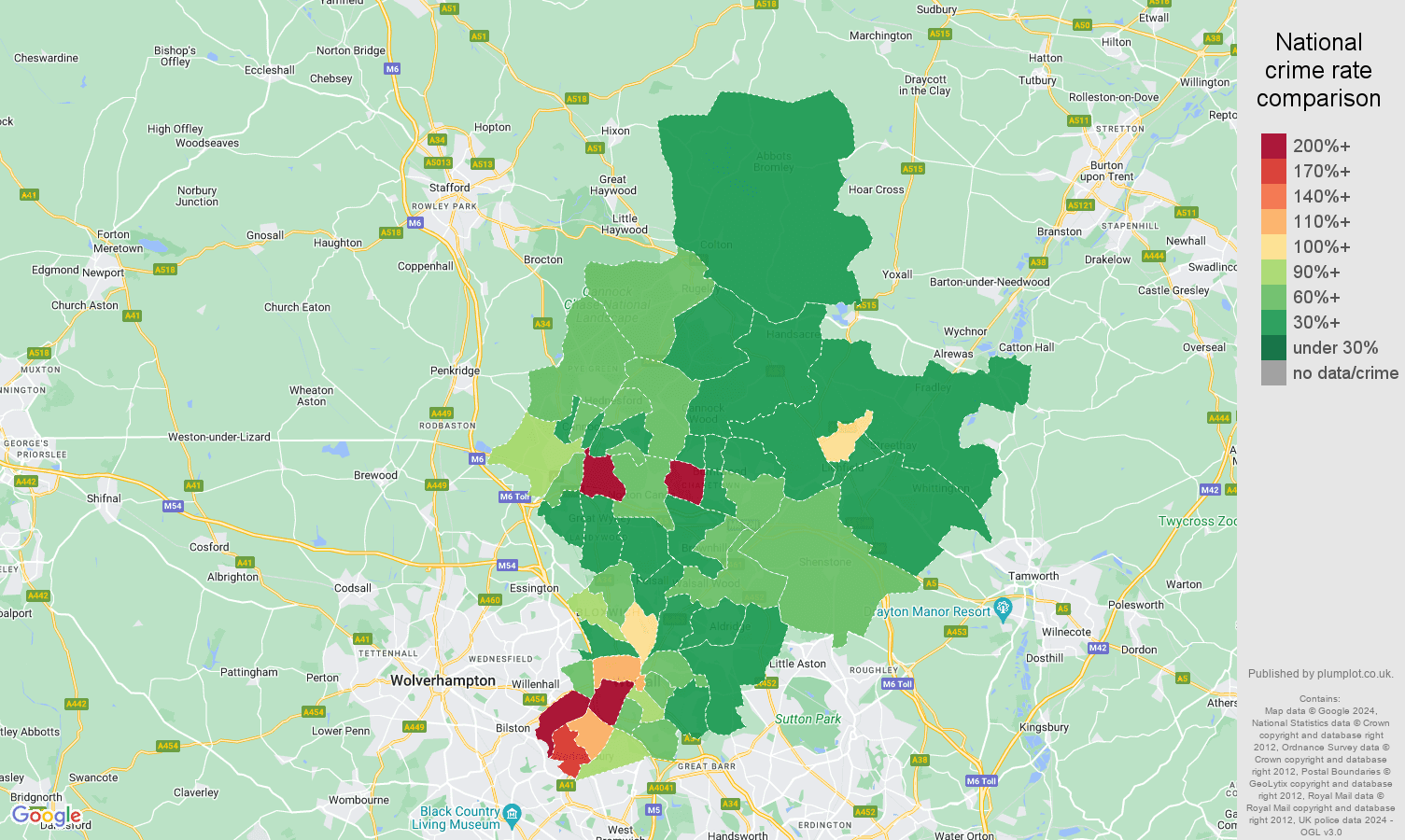 Walsall other theft crime rate comparison map