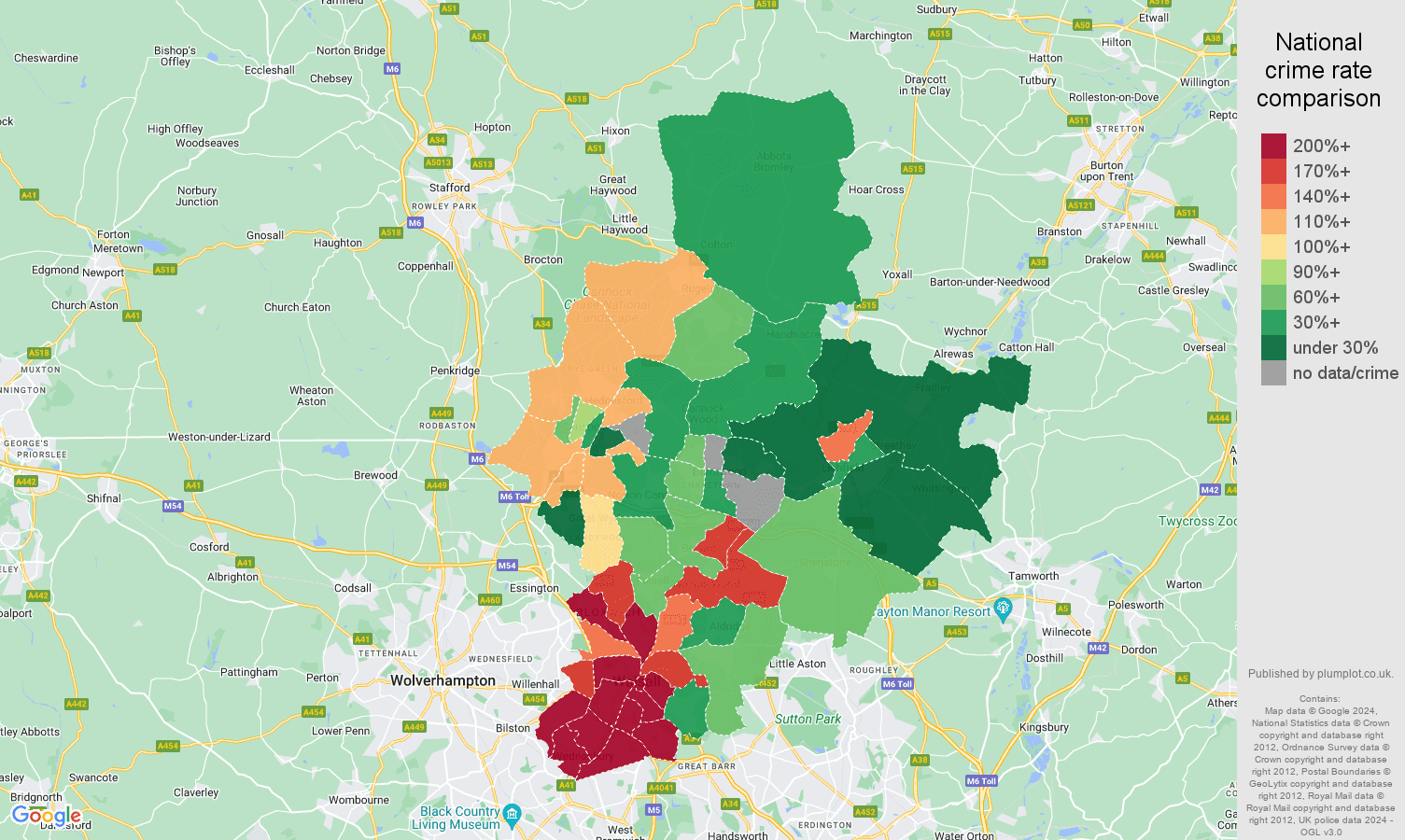 Walsall possession of weapons crime rate comparison map