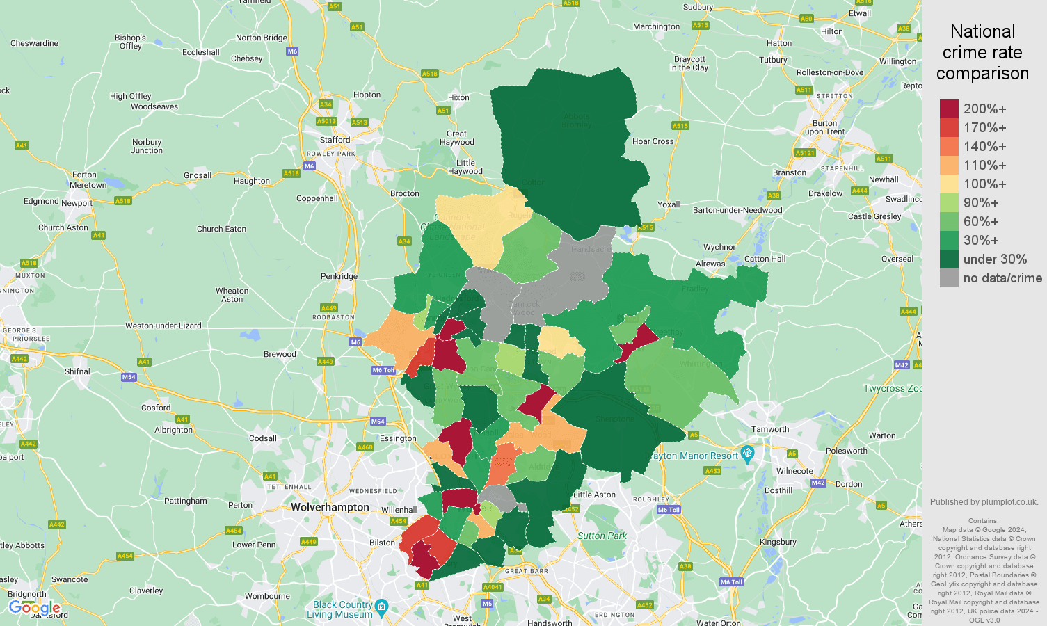 Walsall shoplifting crime rate comparison map