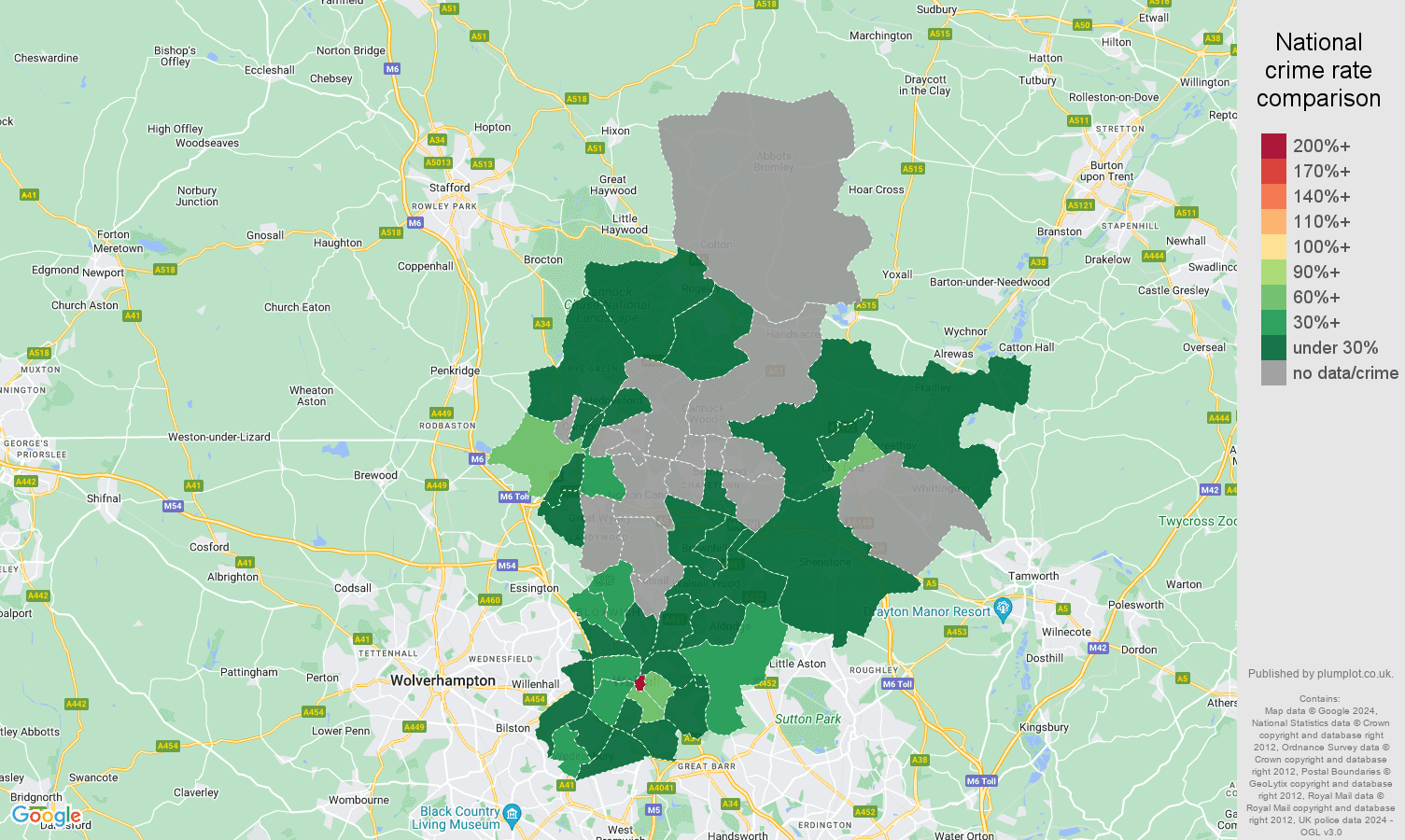 Walsall theft from the person crime rate comparison map