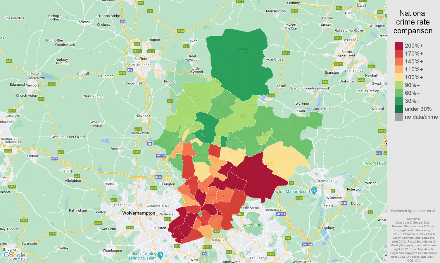 Walsall vehicle crime rate comparison map
