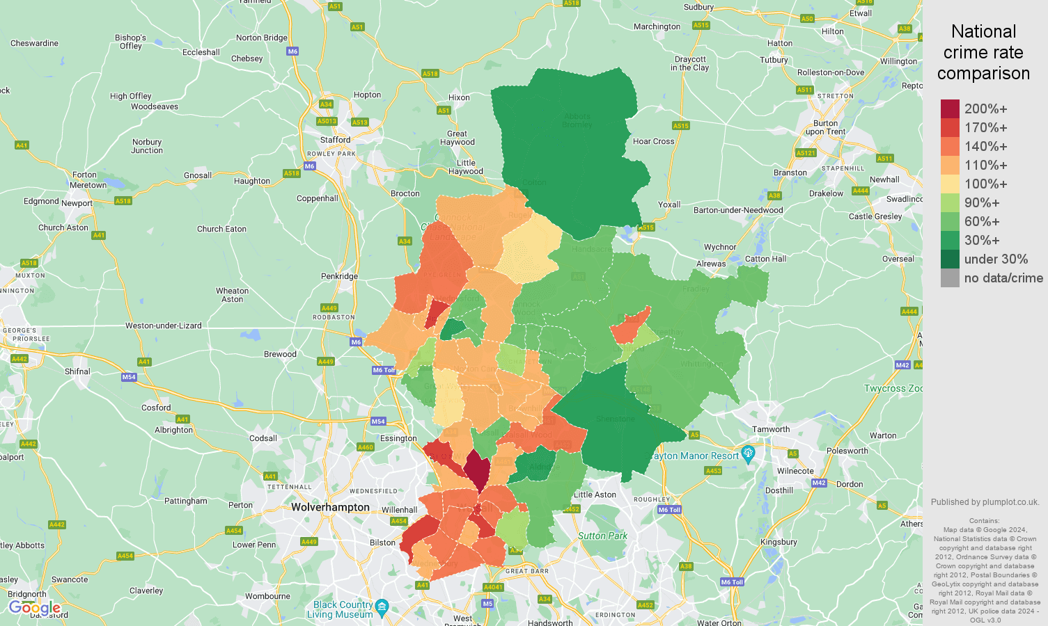 Walsall violent crime rate comparison map