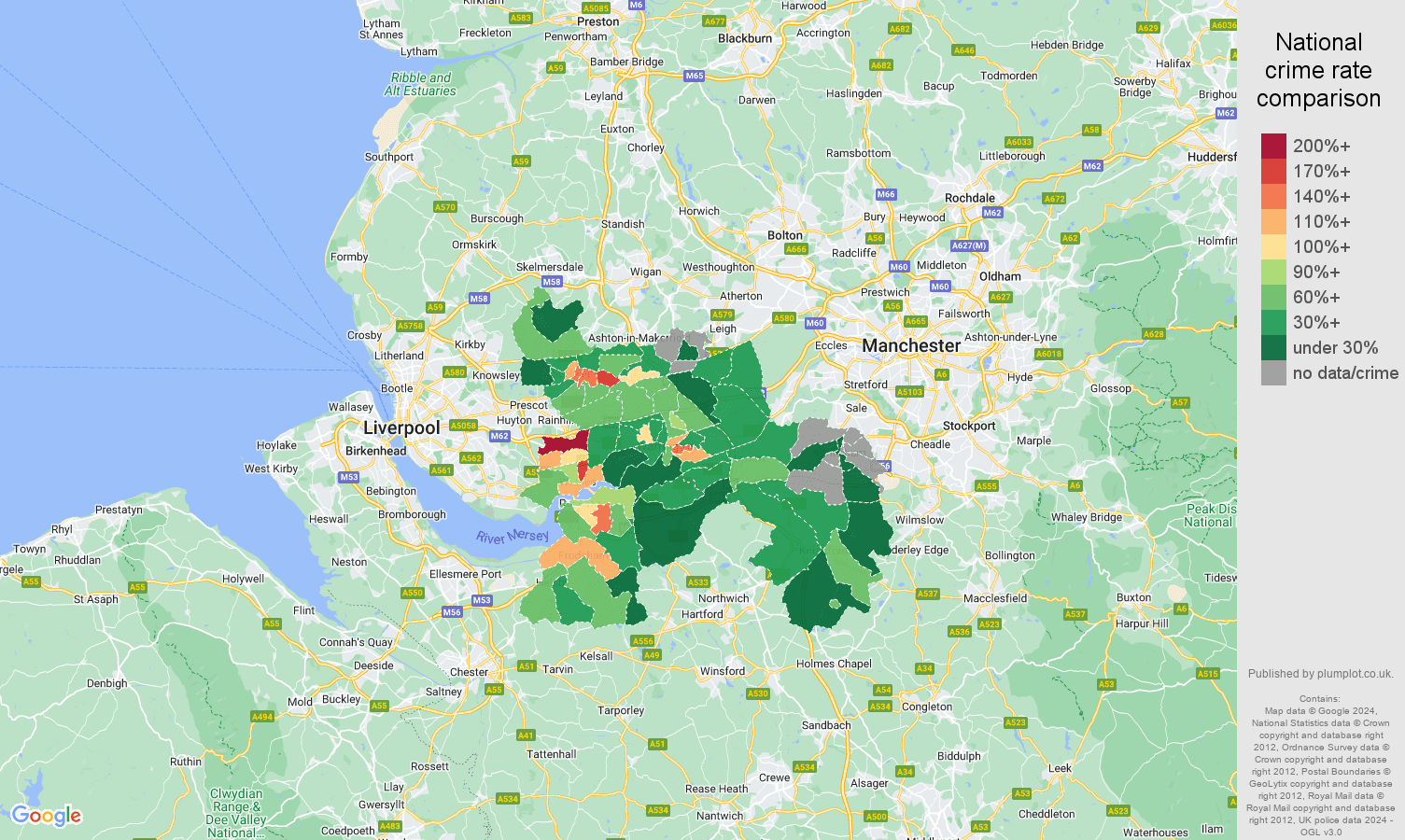 Warrington antisocial behaviour crime rate comparison map