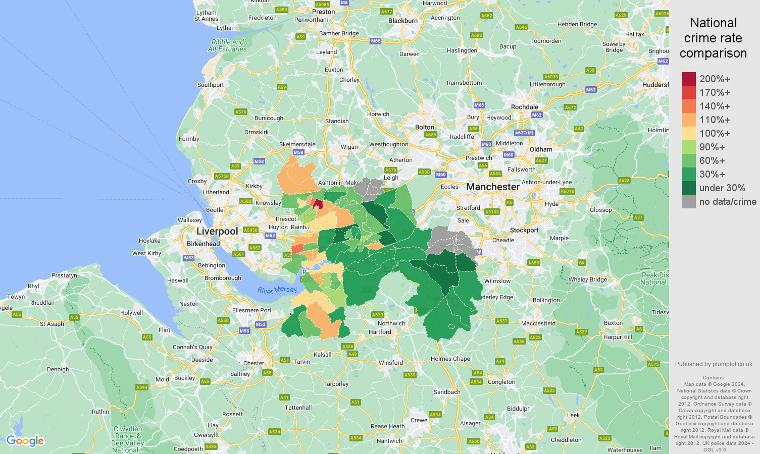 Warrington burglary crime rate comparison map