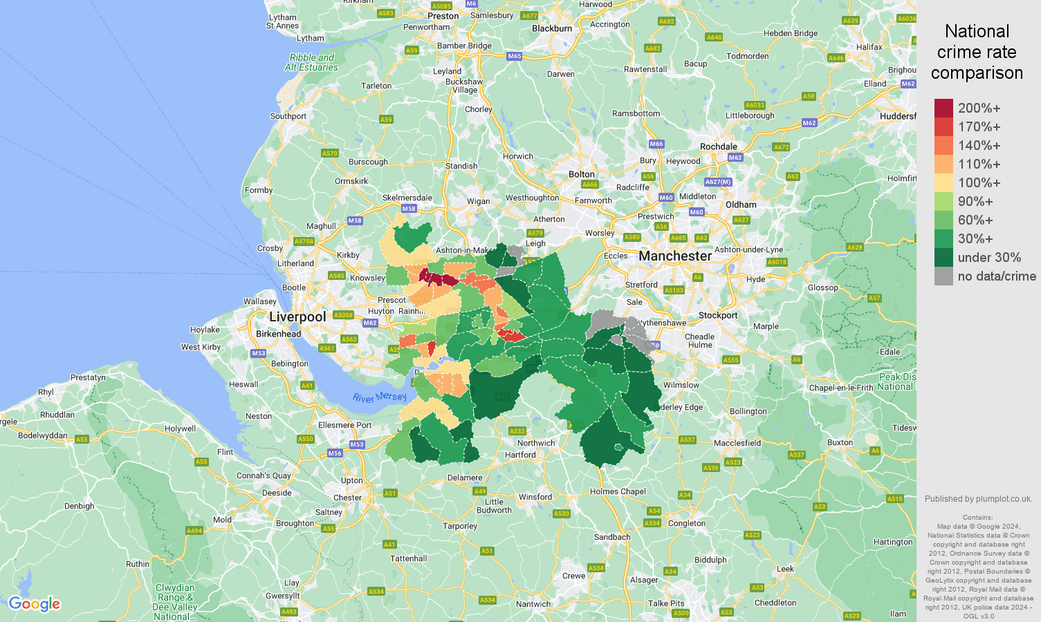 Warrington crime rate comparison map
