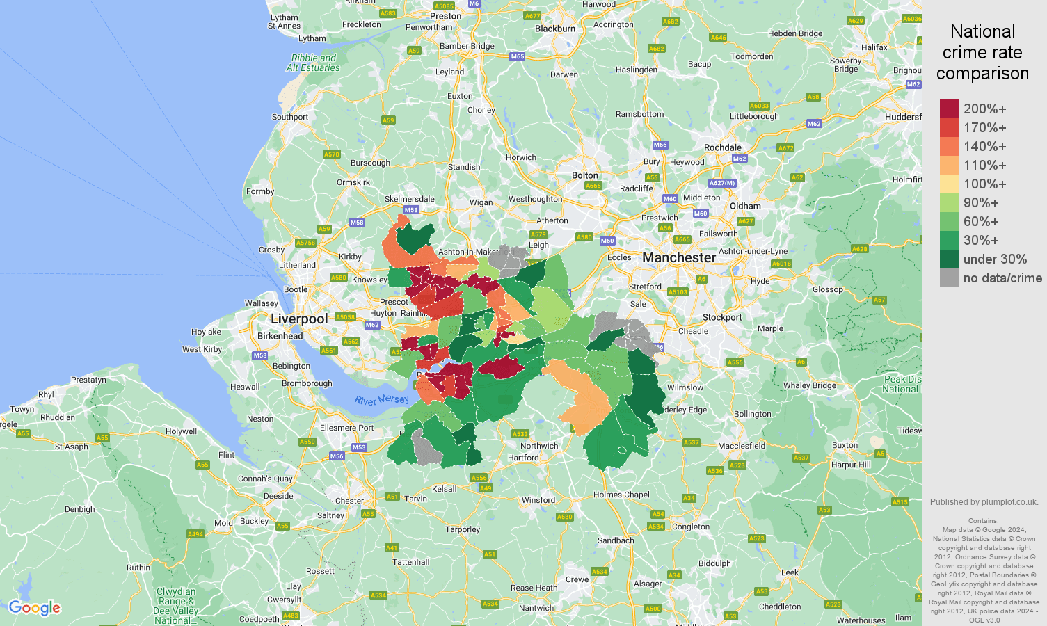 Warrington drugs crime rate comparison map