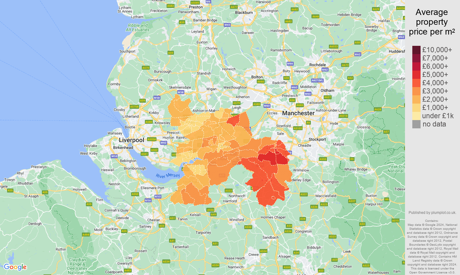 Warrington house prices per square metre in maps and graphs.