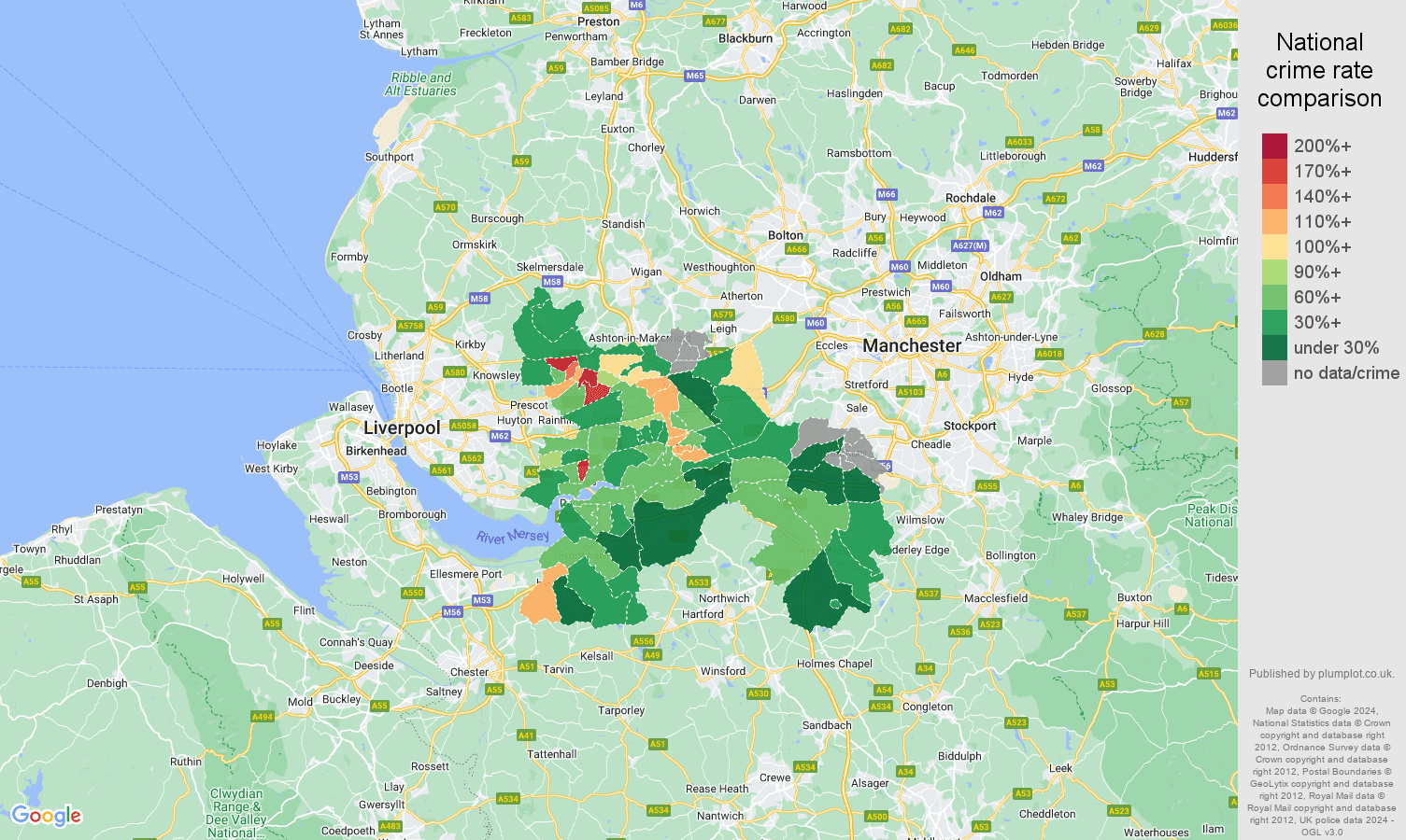 Warrington other theft crime rate comparison map