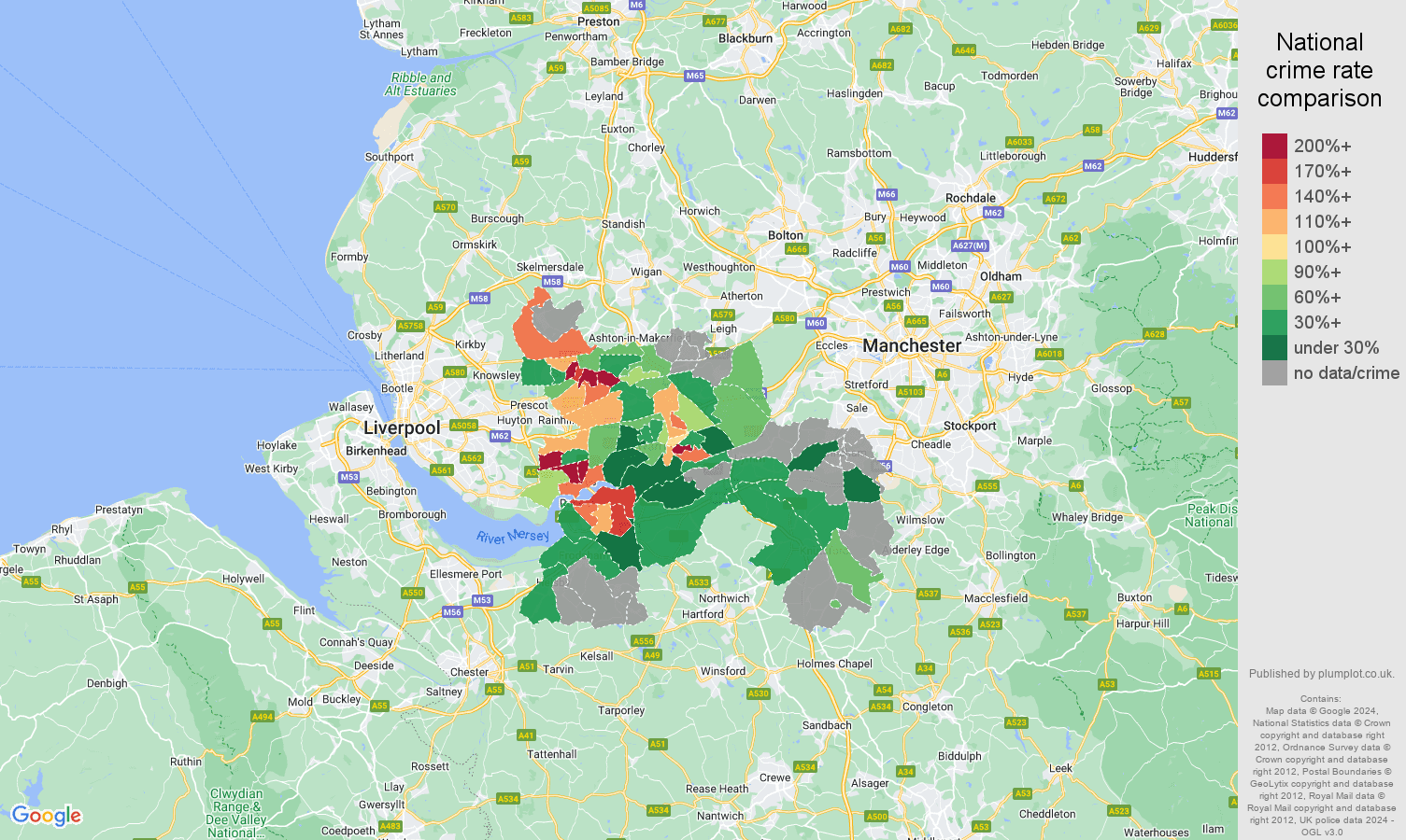 Warrington possession of weapons crime rate comparison map
