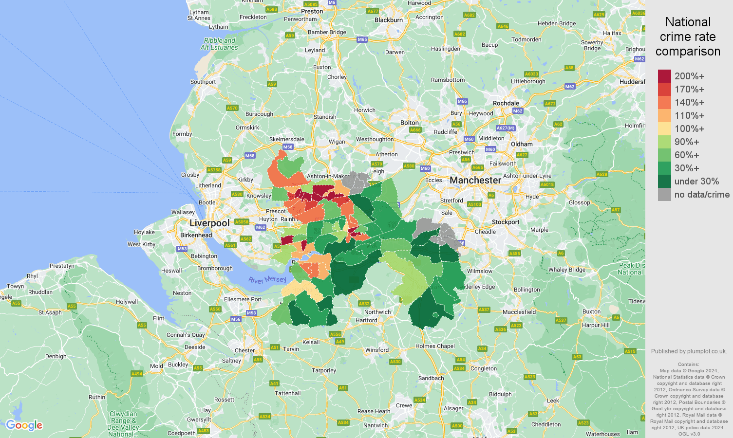 Warrington public order crime rate comparison map
