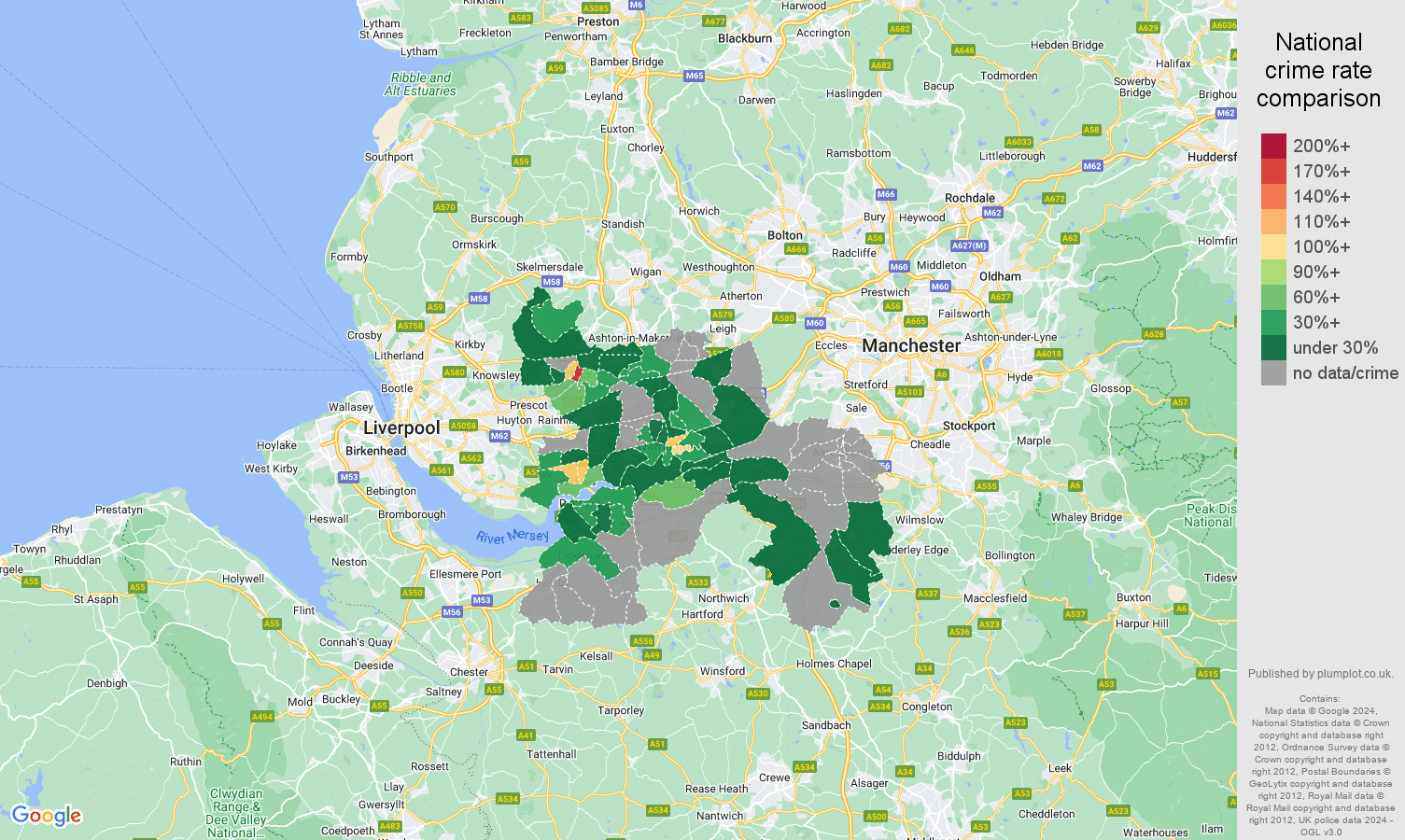 Warrington robbery crime rate comparison map