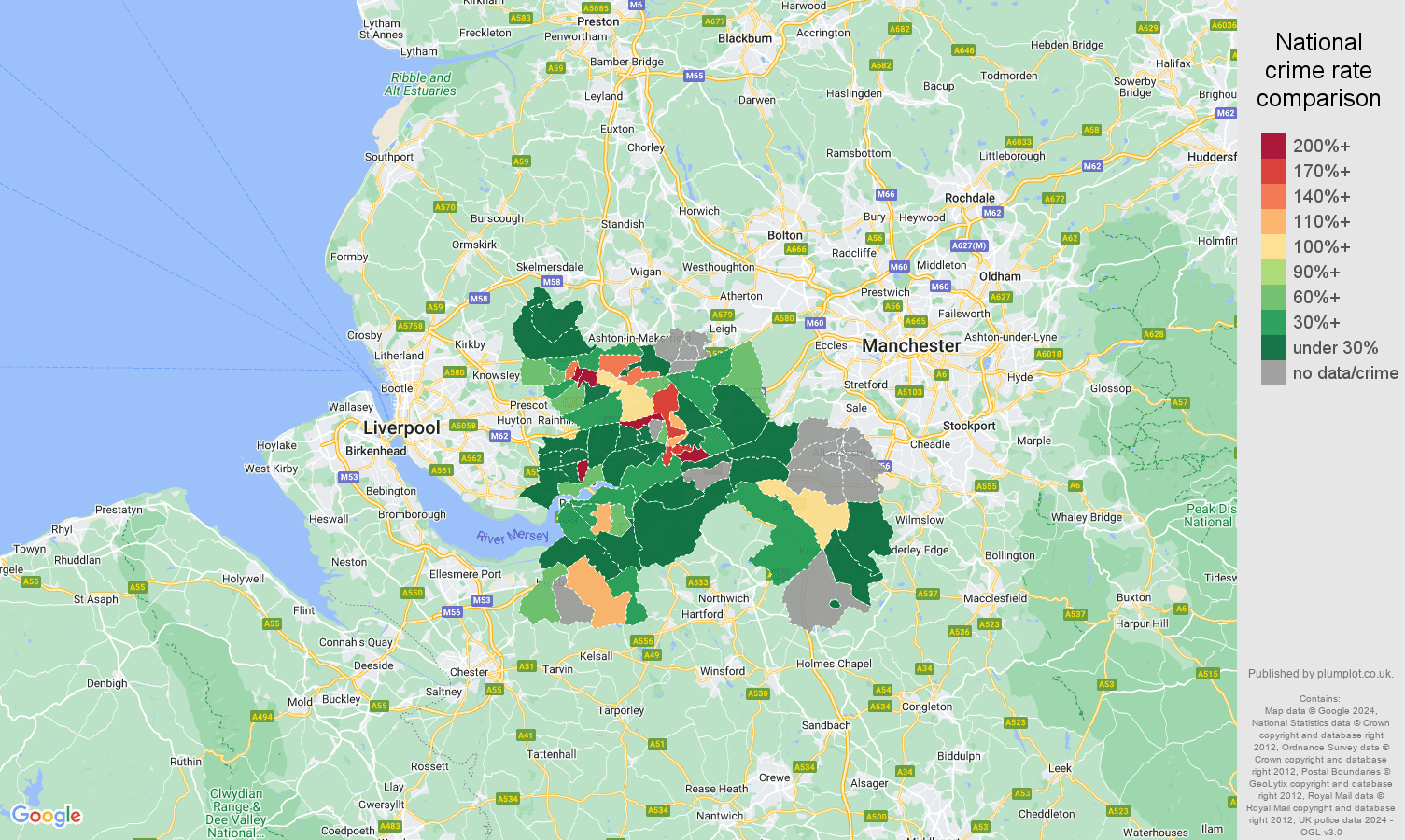 Warrington shoplifting crime rate comparison map