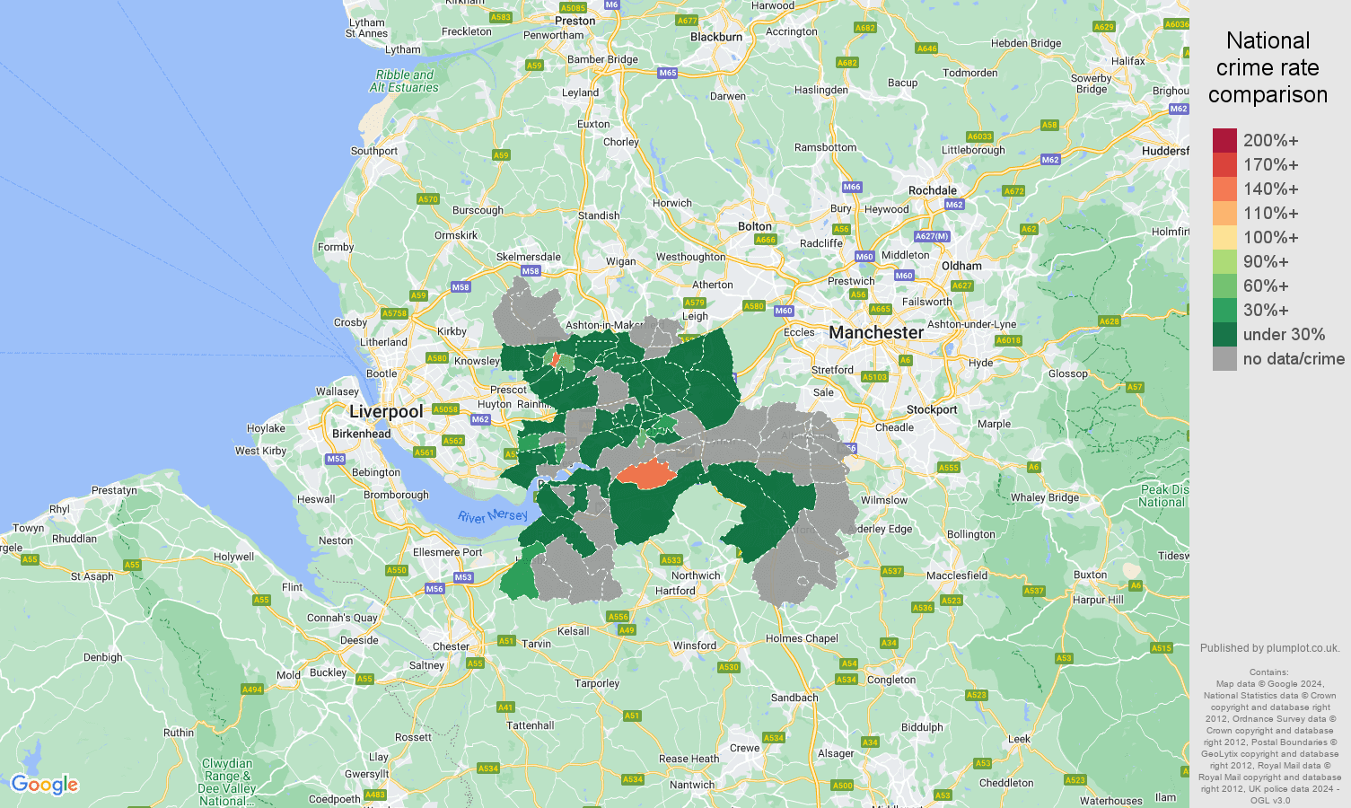 Warrington theft from the person crime rate comparison map