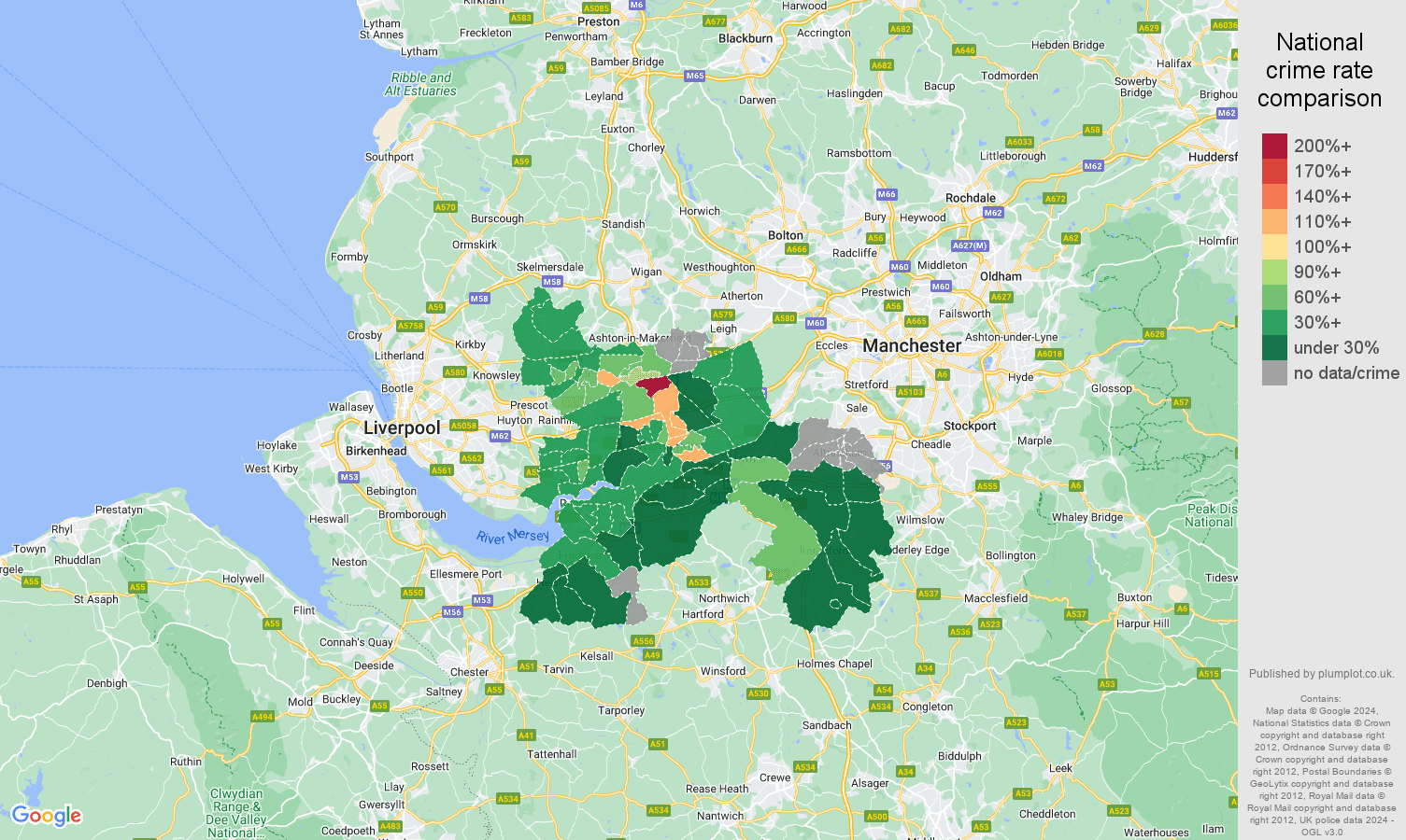 Warrington vehicle crime rate comparison map