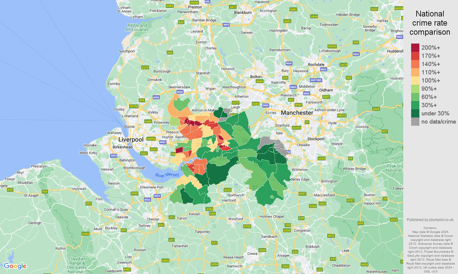 Warrington violent crime rate comparison map