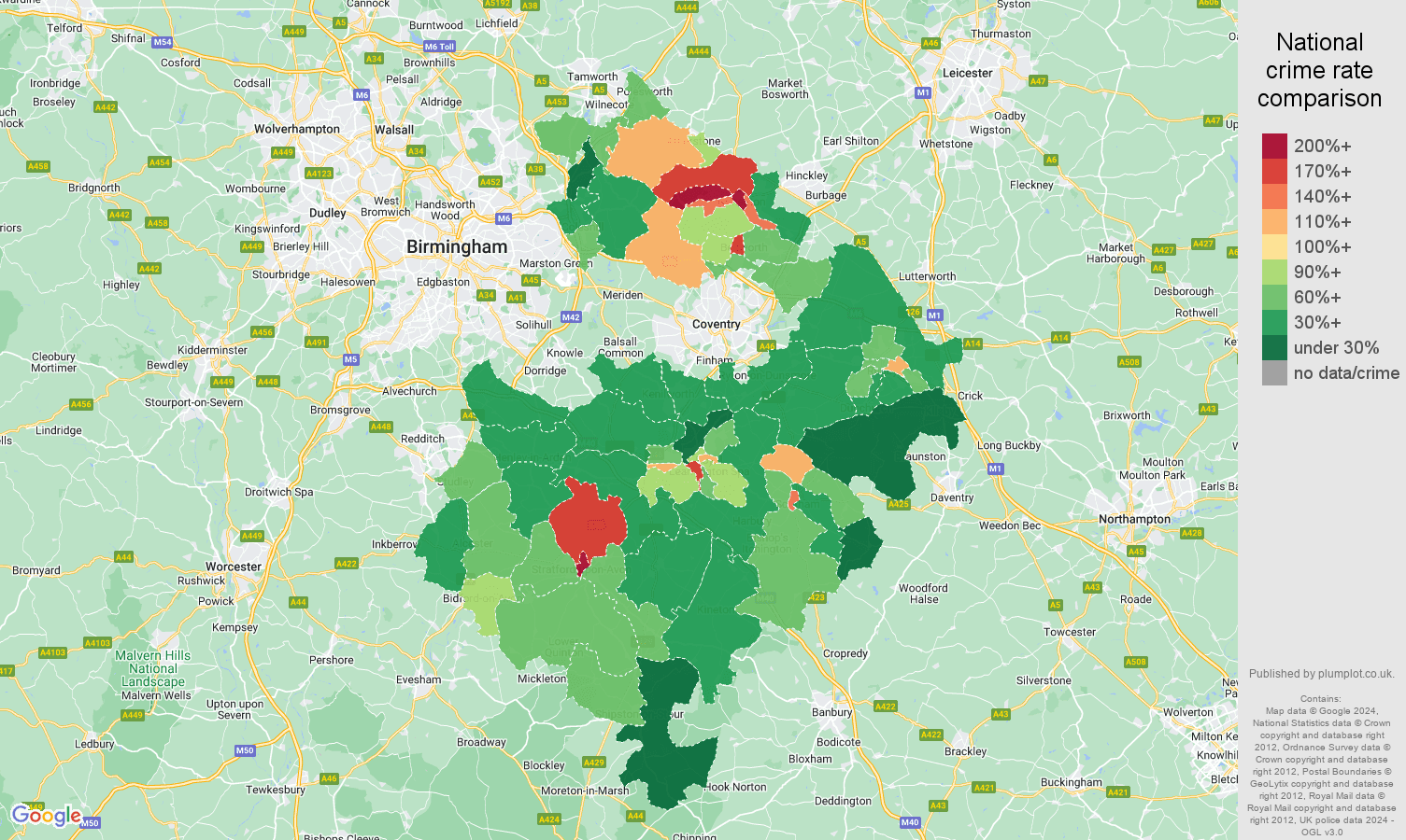 Warwickshire antisocial behaviour crime rate comparison map