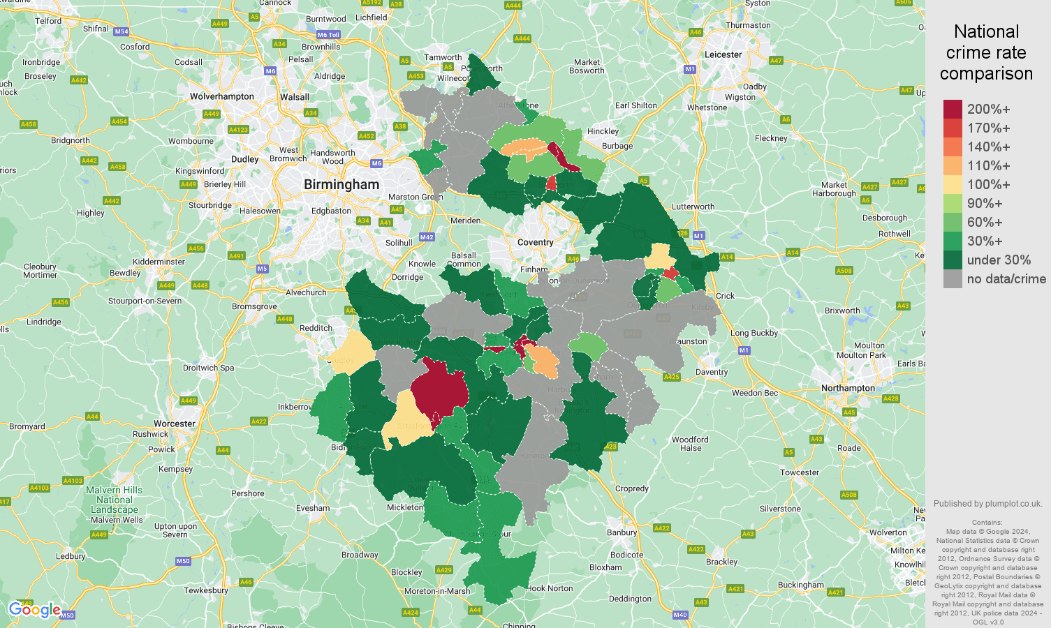Warwickshire bicycle theft crime rate comparison map