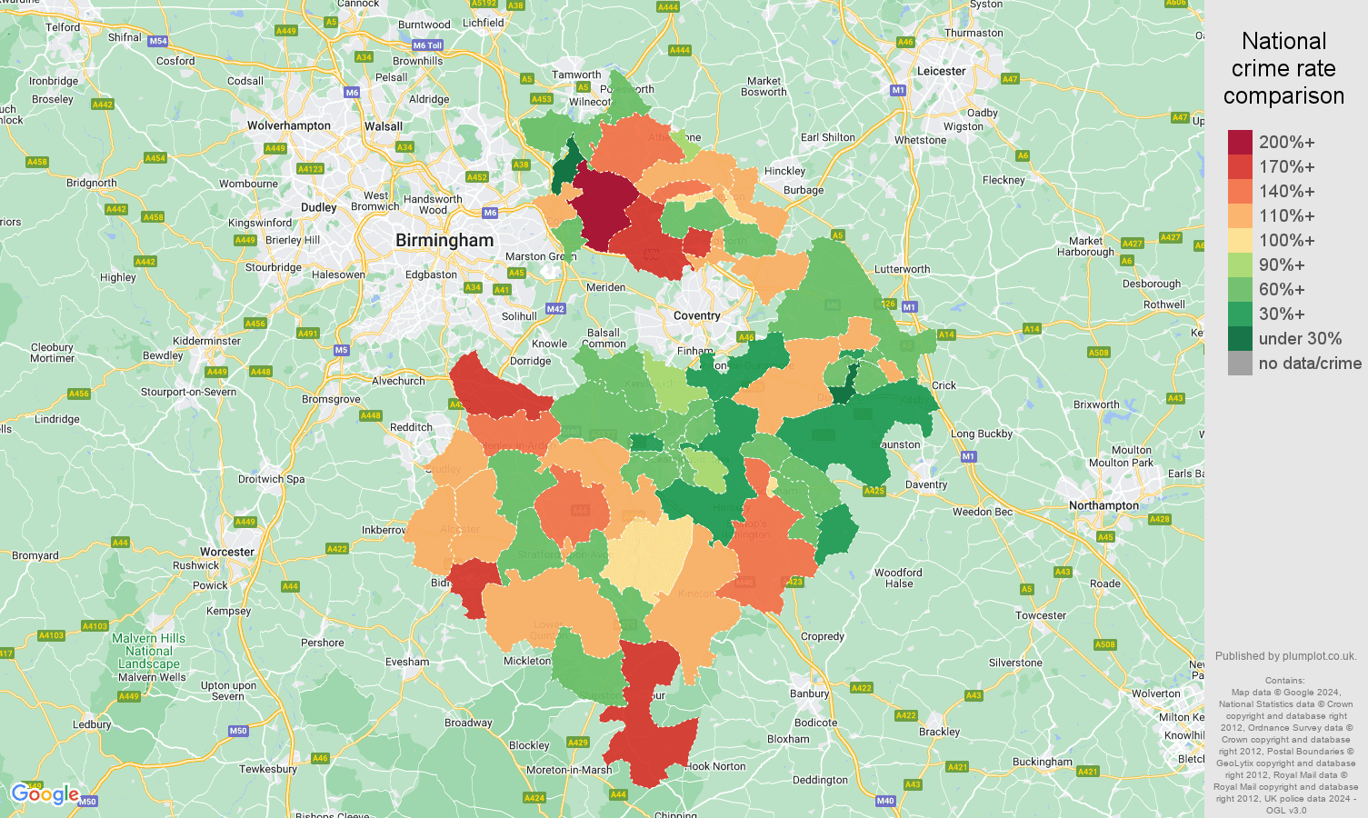 Warwickshire burglary crime rate comparison map