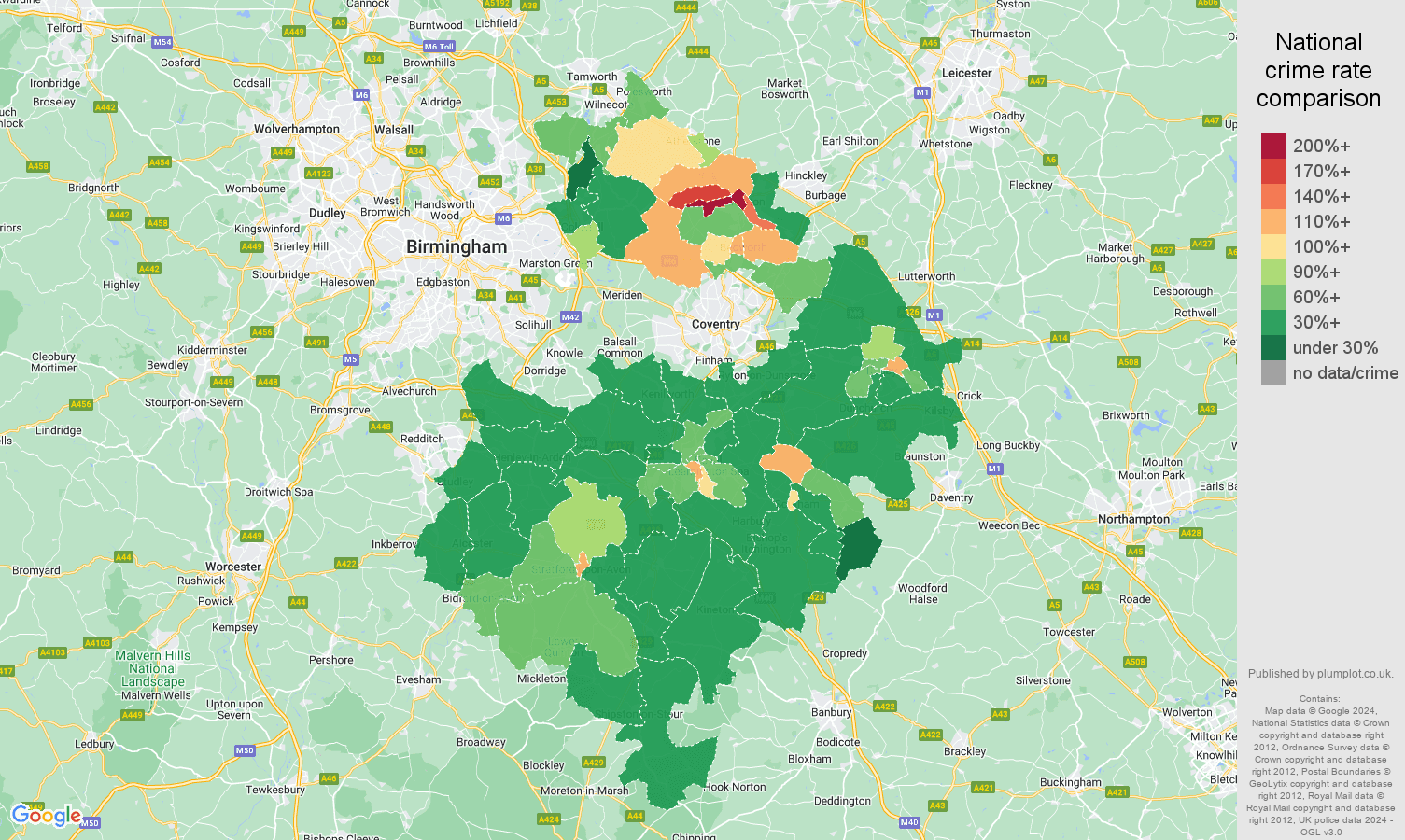 Warwickshire criminal damage and arson crime rate comparison map