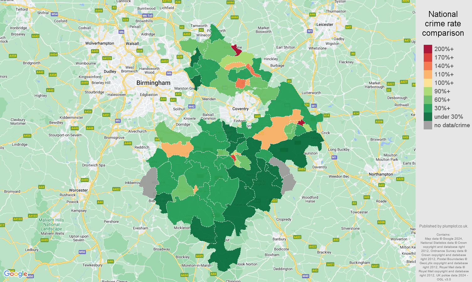 Warwickshire drugs crime rate comparison map