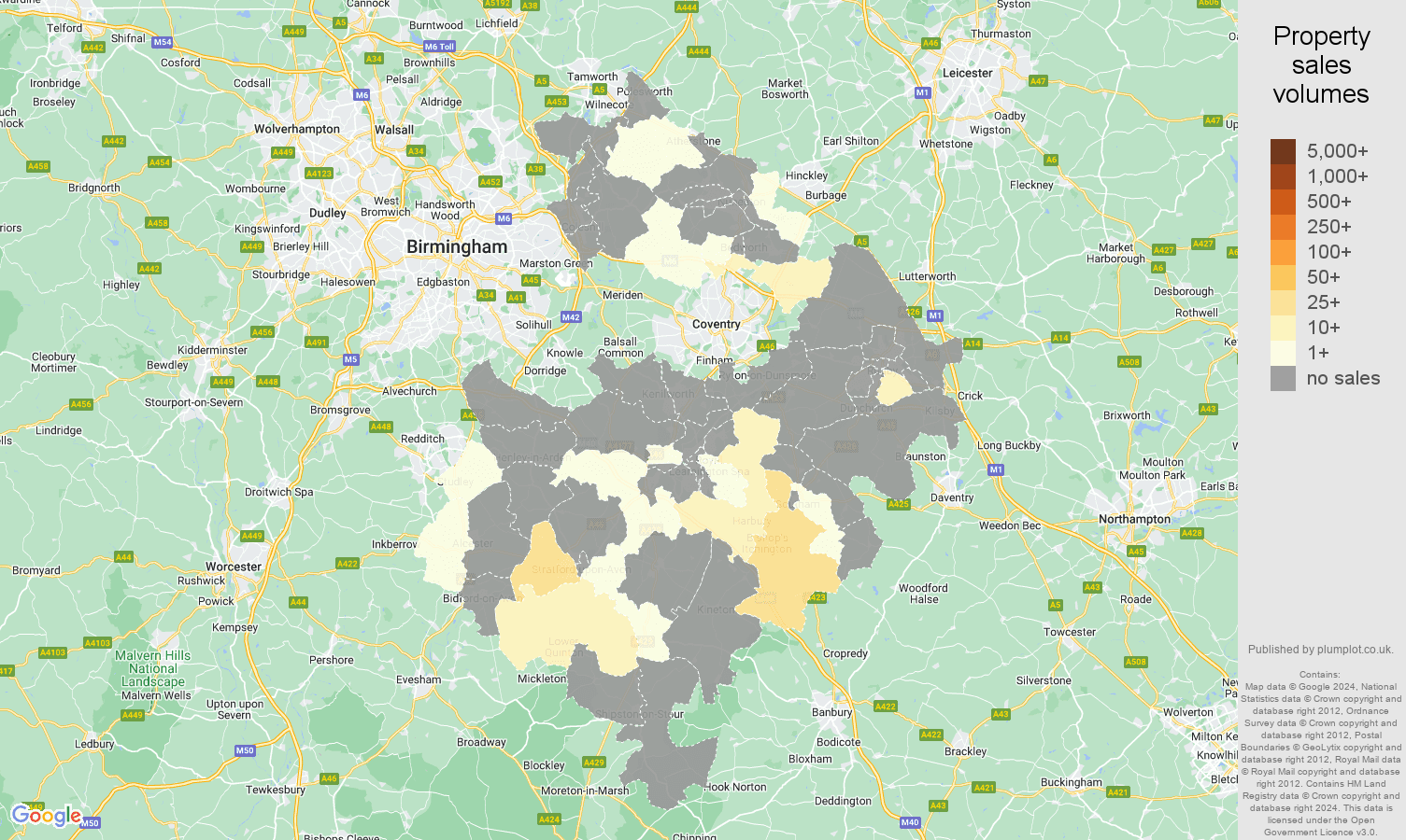 Warwickshire map of sales of new properties