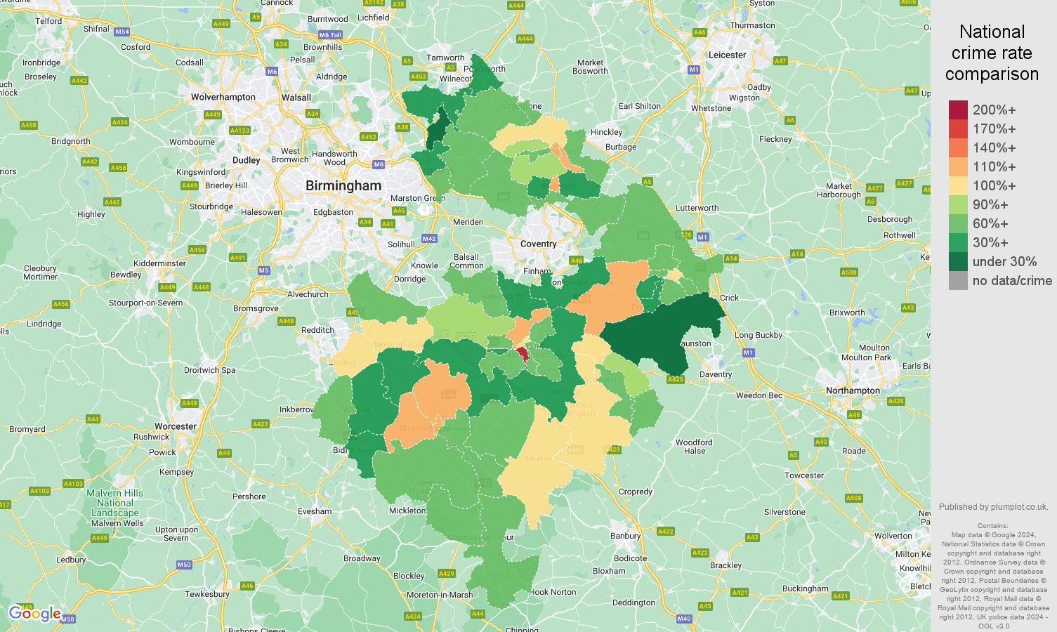 Warwickshire other theft crime rate comparison map
