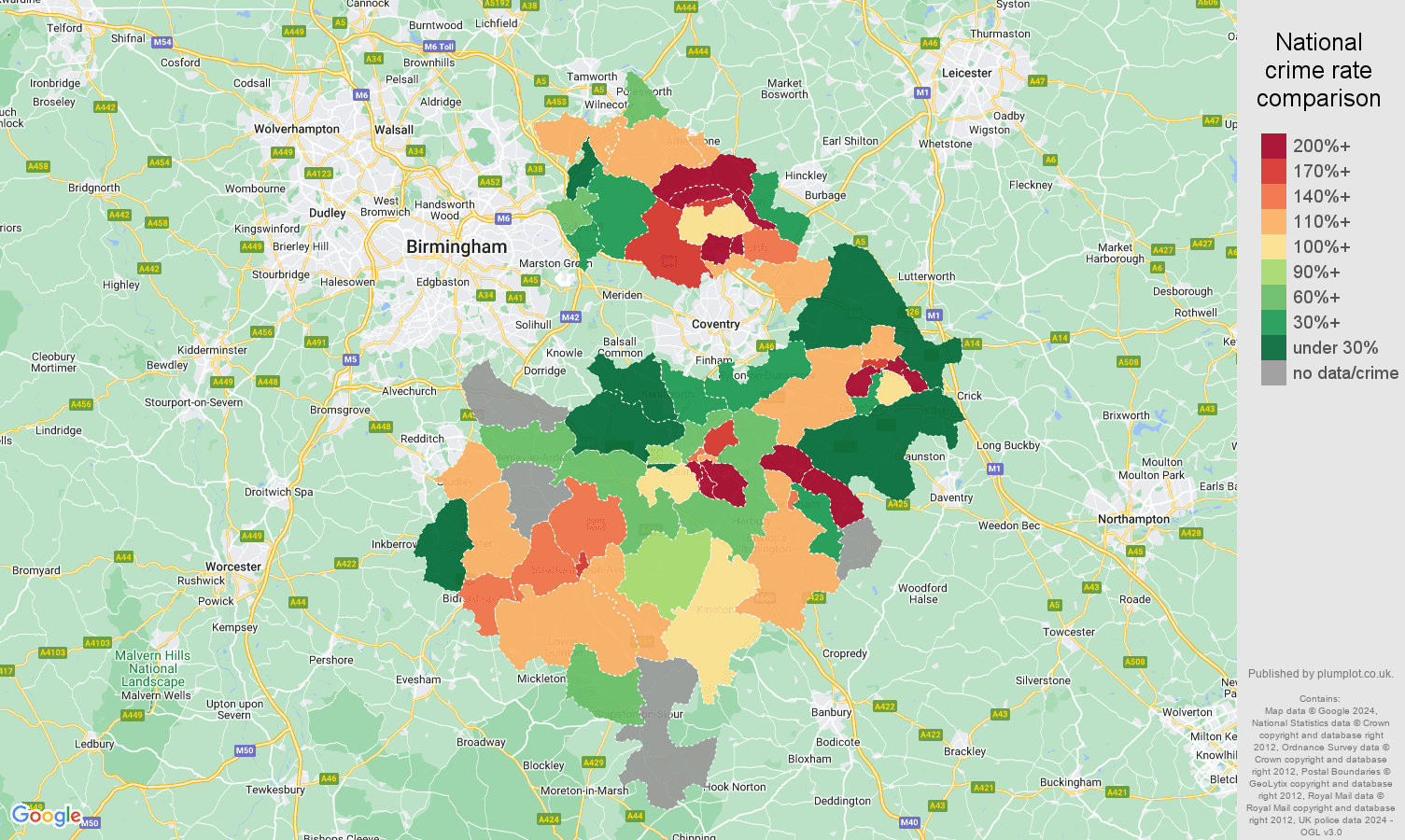 Warwickshire possession of weapons crime rate comparison map