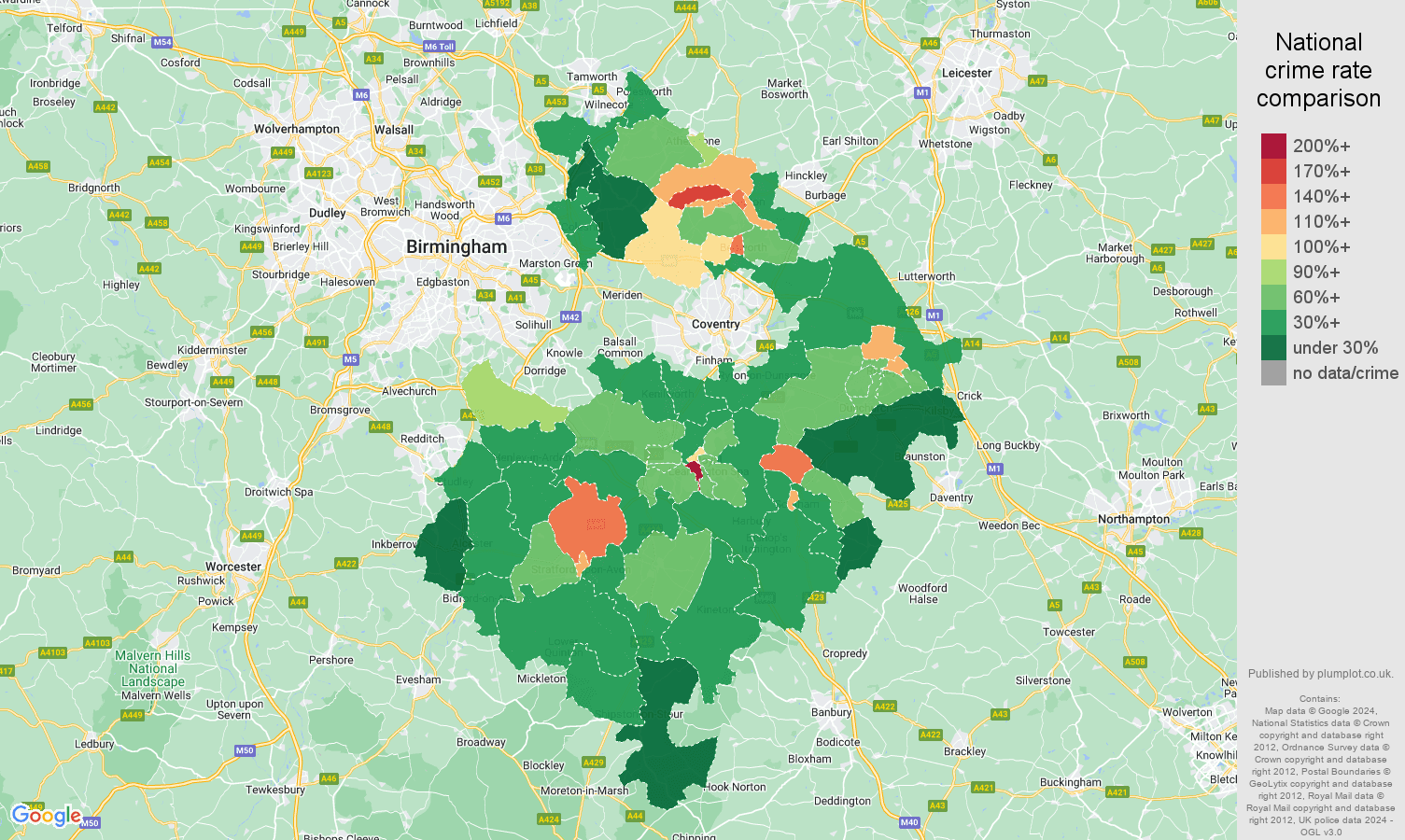 Warwickshire public order crime rate comparison map