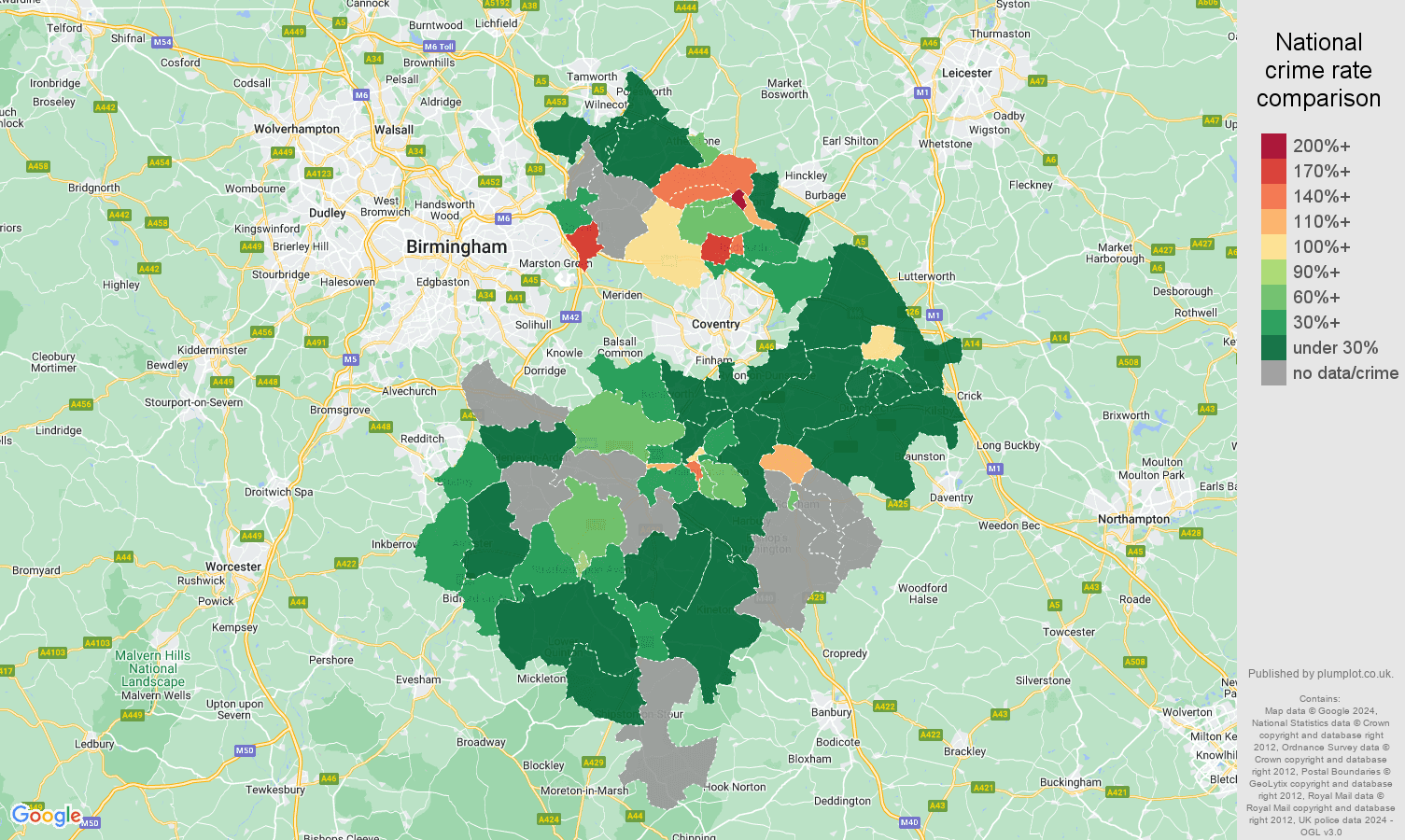 Warwickshire robbery crime rate comparison map