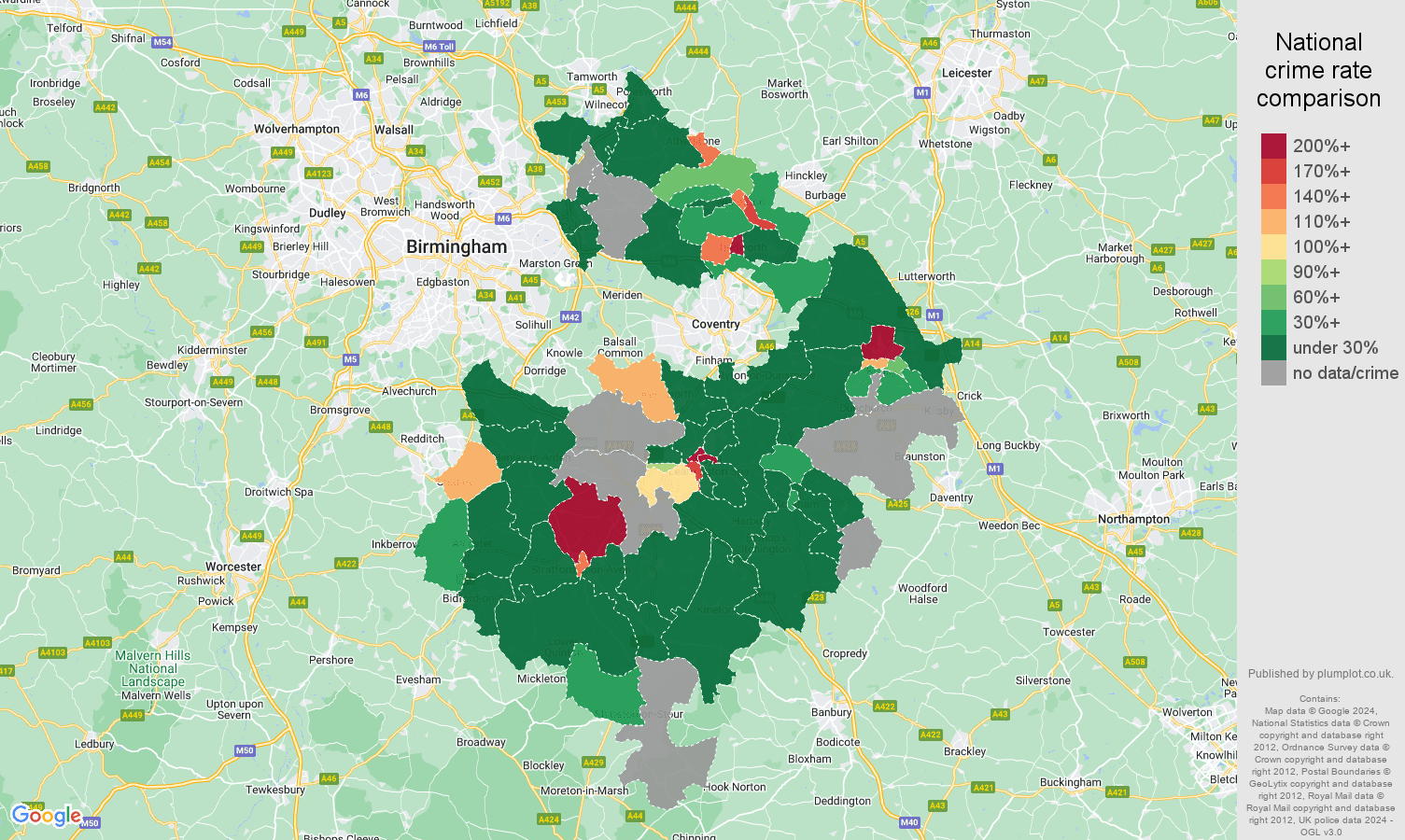 Warwickshire shoplifting crime rate comparison map