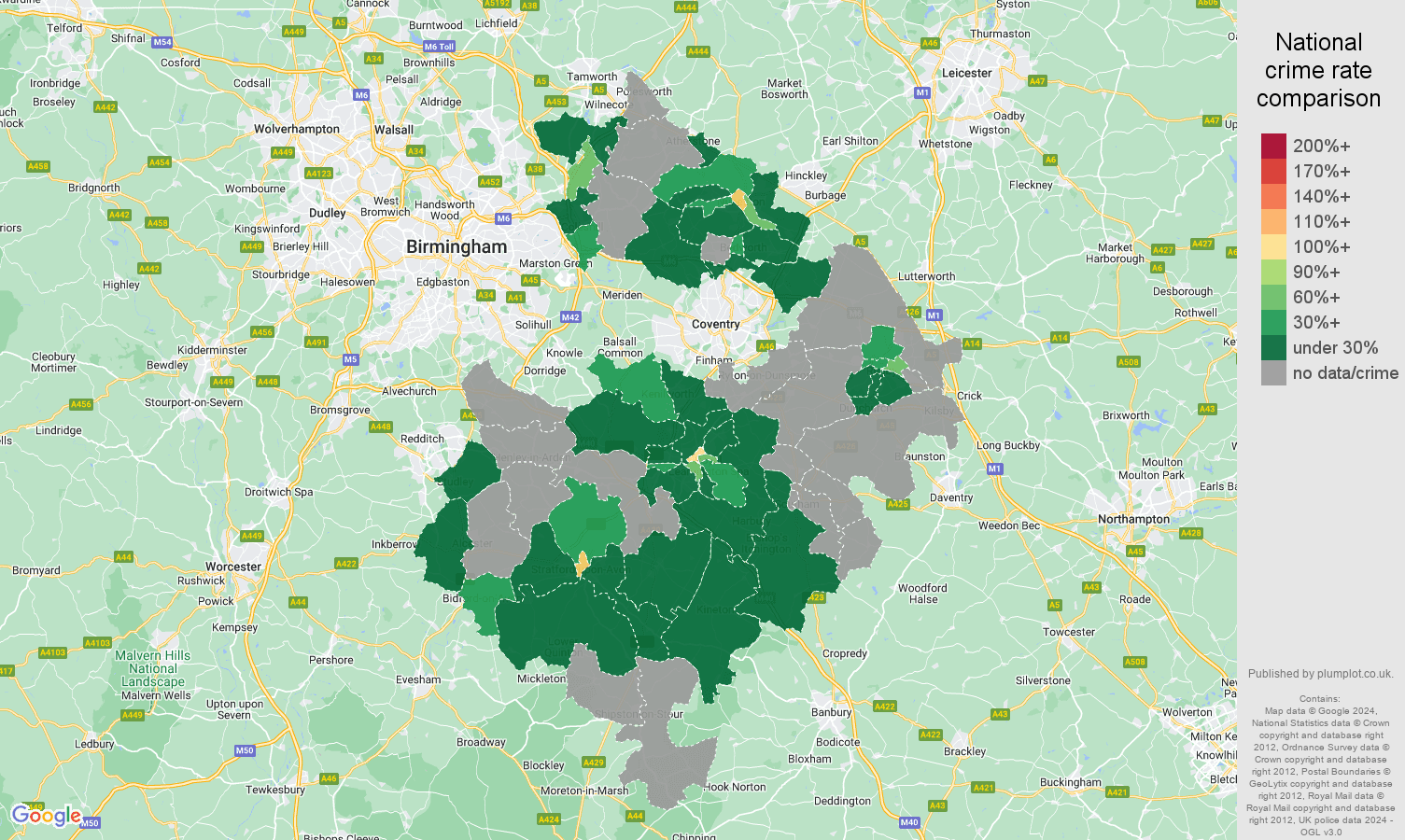 Warwickshire theft from the person crime rate comparison map