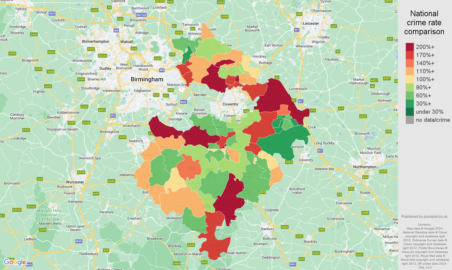 Warwickshire vehicle crime rate comparison map