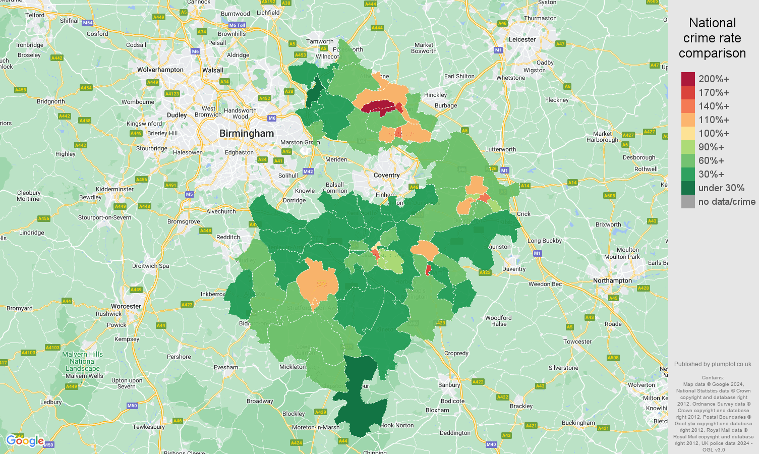 Warwickshire violent crime rate comparison map
