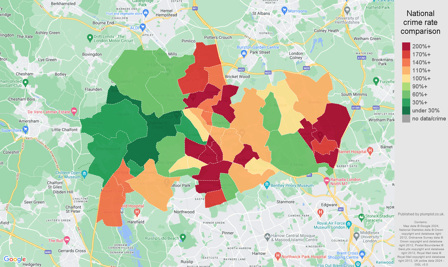 Watford antisocial behaviour crime rate comparison map