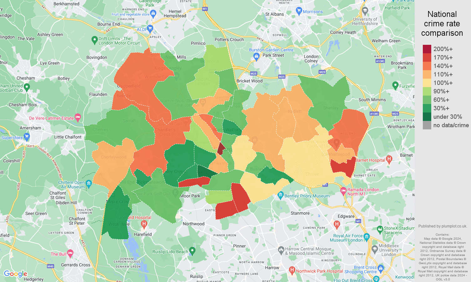 Watford burglary crime rate comparison map