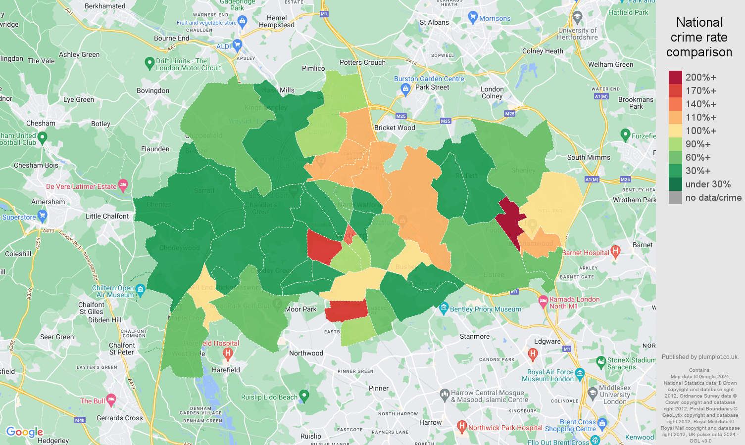 Watford criminal damage and arson crime rate comparison map